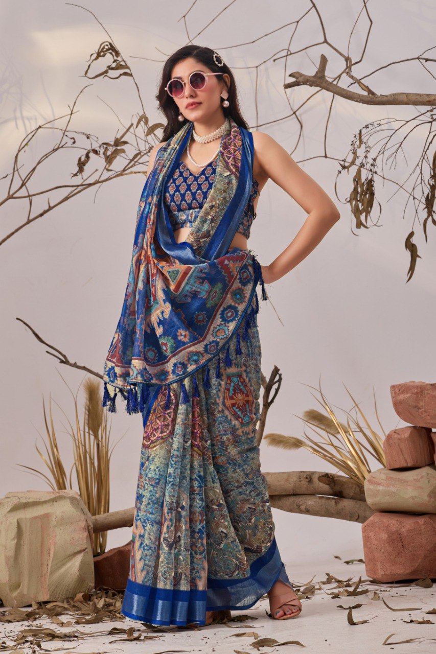 Blue Patola Printed Linen Cotton Saree with Blouse