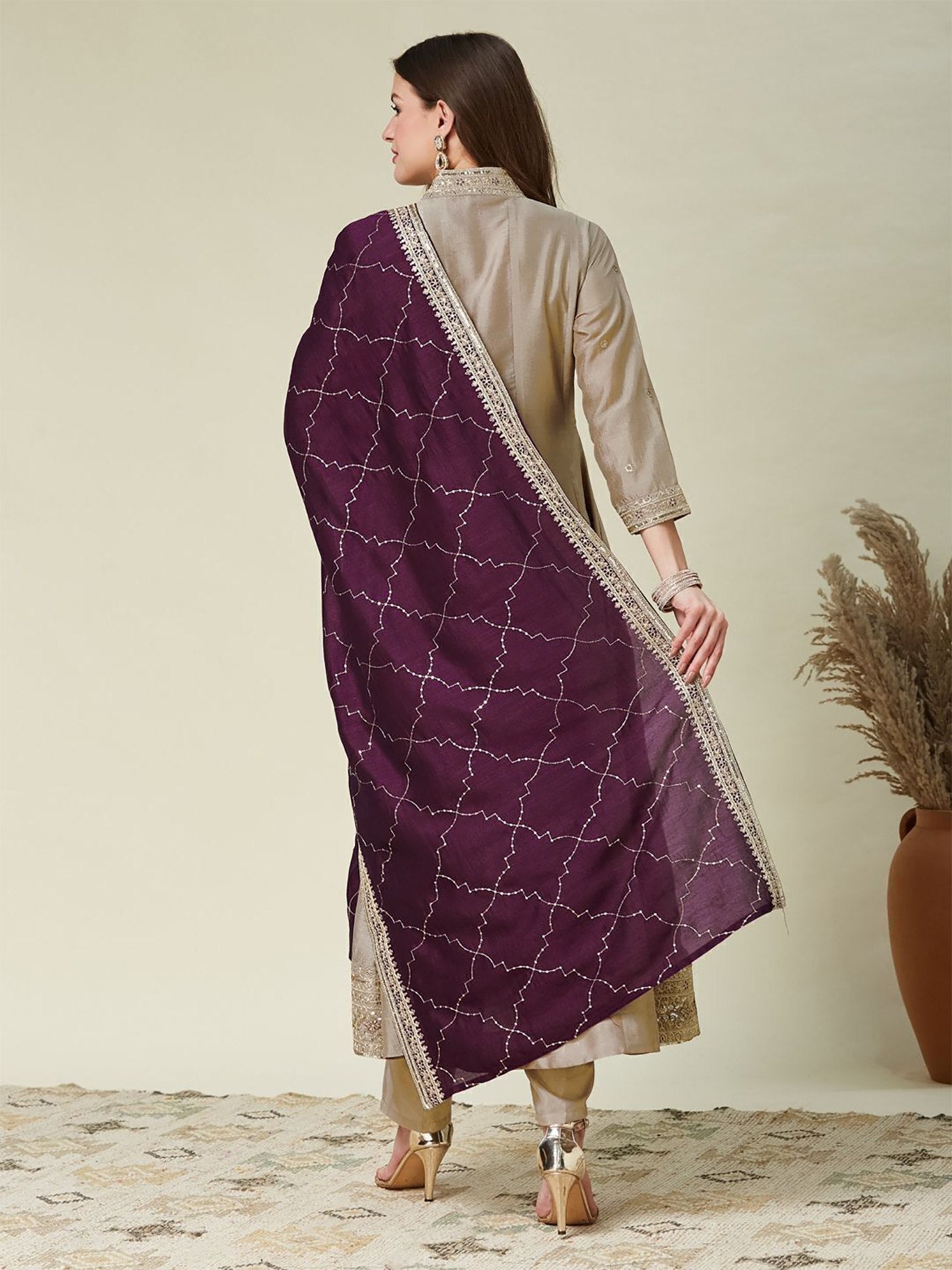 Beige & Wine Vichitra Anarkali Kurti Set with Dupatta