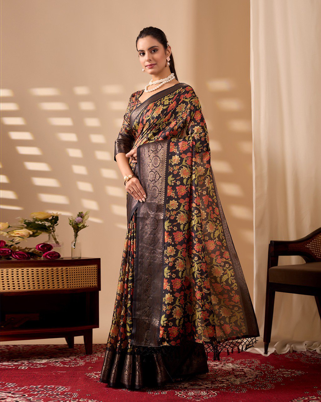 Black Floral Lichi Silk Saree with Zari Border Blouse