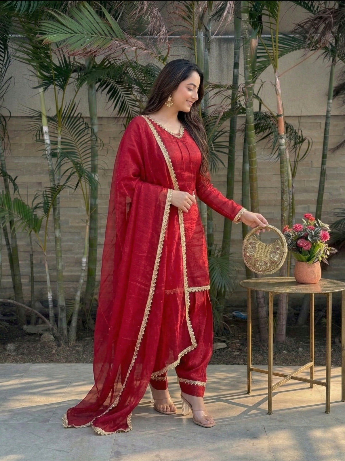 Fendi Satin Mirror Work Farshi Salwar Set with Dupatta