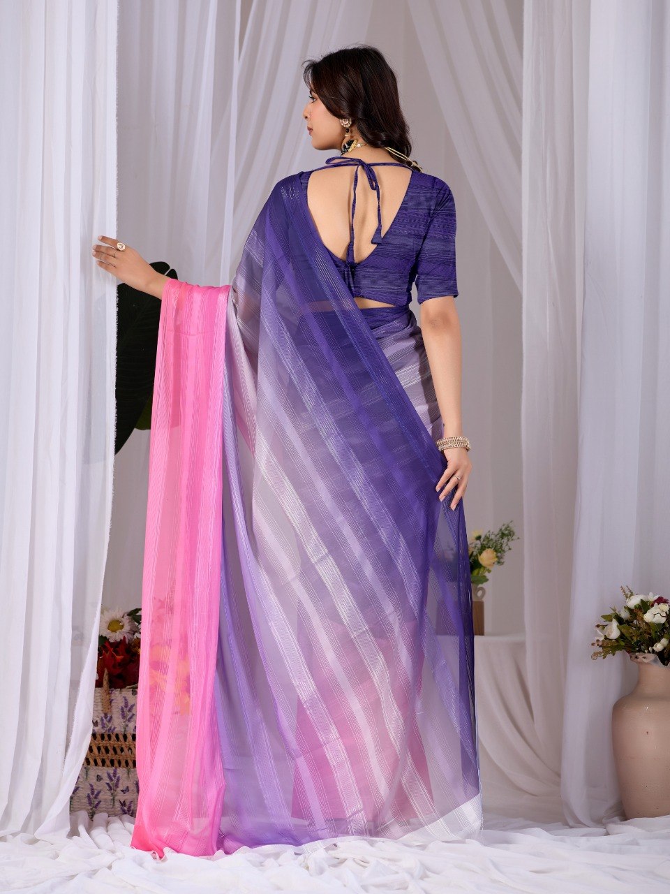 Purple Pink Dual Tone Monsoon Saree with Blouse