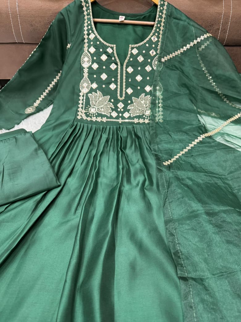 Orange & Green Chanderi Silk Kurti Set for Women with Organza Dupatta