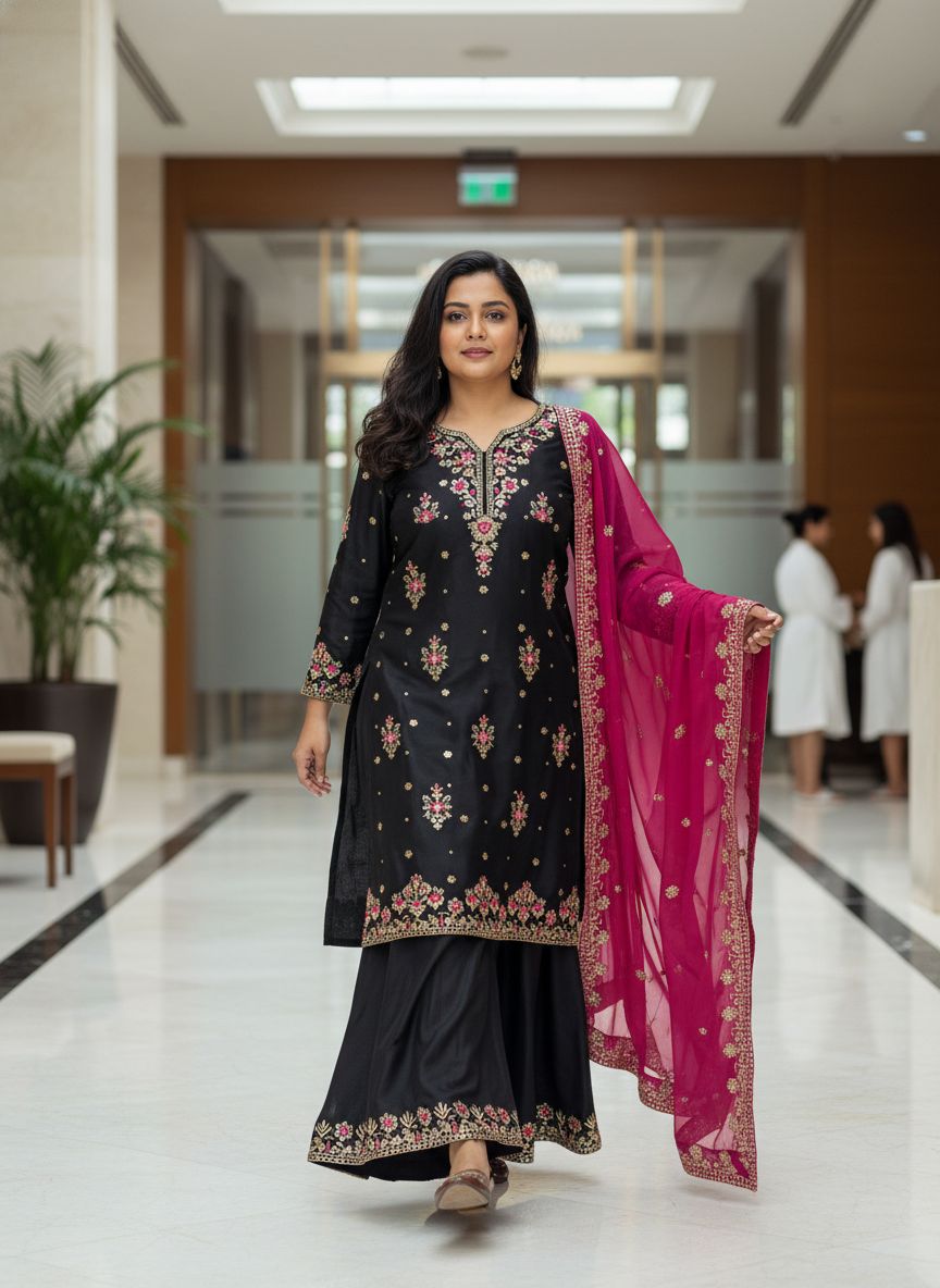 Black & Off White Georgette Sequins Palazzo Set with Dupatta