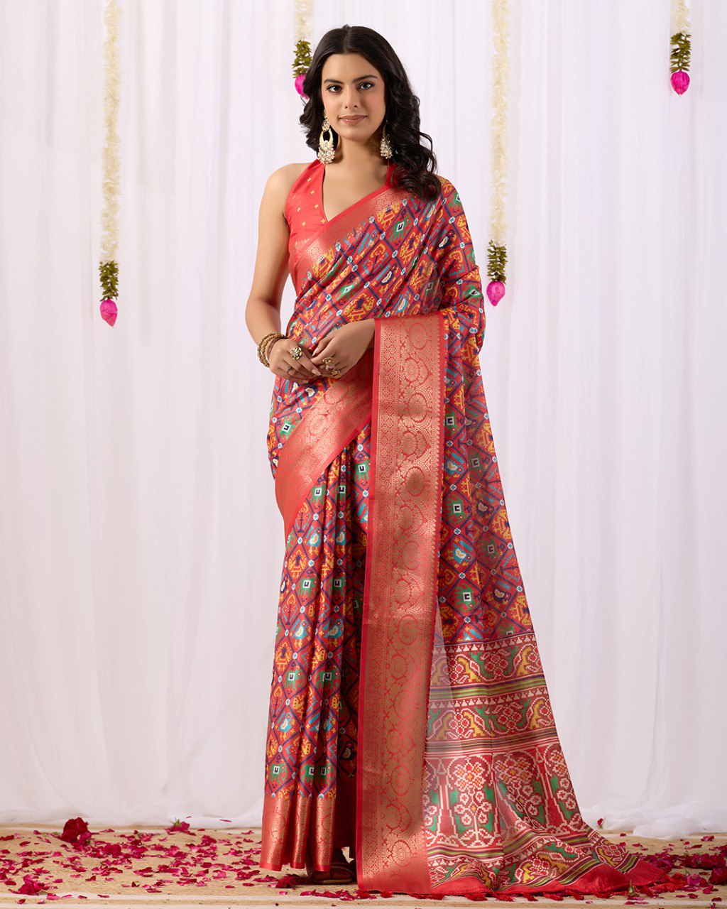 Red Patola Lichi Silk Saree with Contrast Blouse