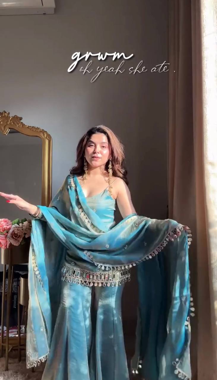 Fendy Silk Sharara Palazzo Set with Dupatta Mirror Work Embroidered Festive Wear