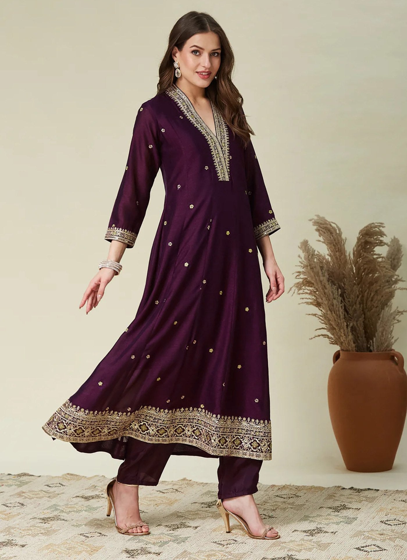 Beige & Wine Vichitra Anarkali Kurti Set with Dupatta