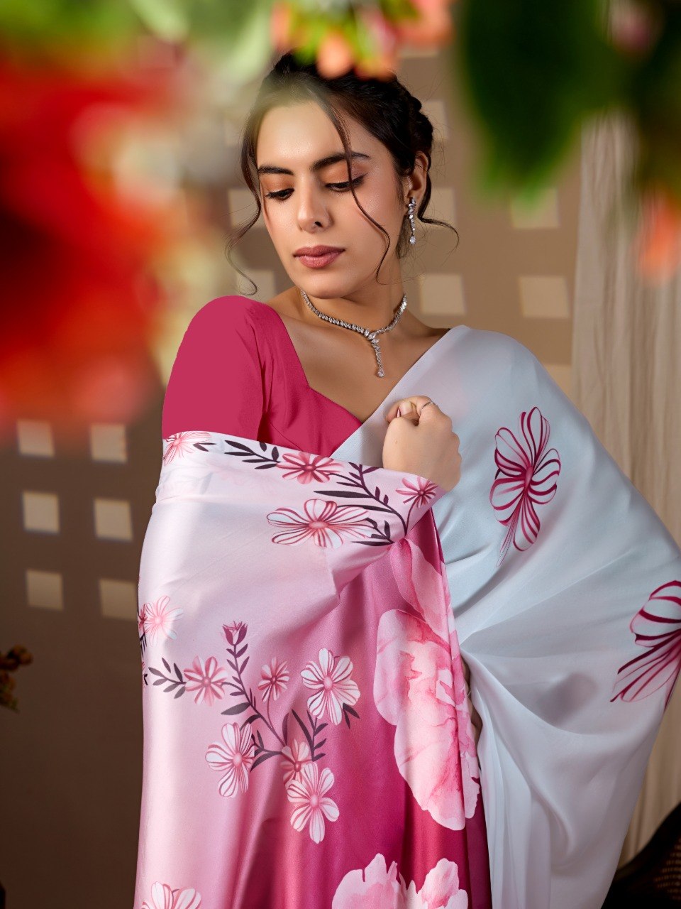 White Pink Floral Satin Georgette Saree with Blouse
