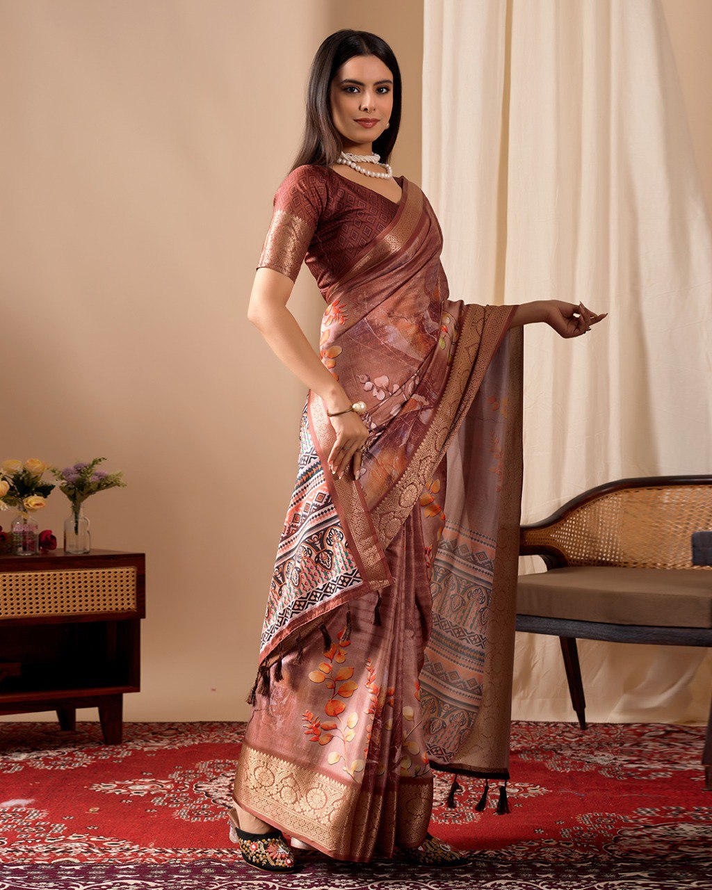 Brown Lichi Silk Saree with Patola Design Woven Border Elegant Ethnic Wear