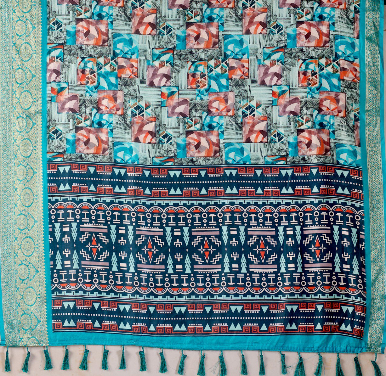 Sea Green Lichi Silk Saree with Zari Border Abstract Floral Print