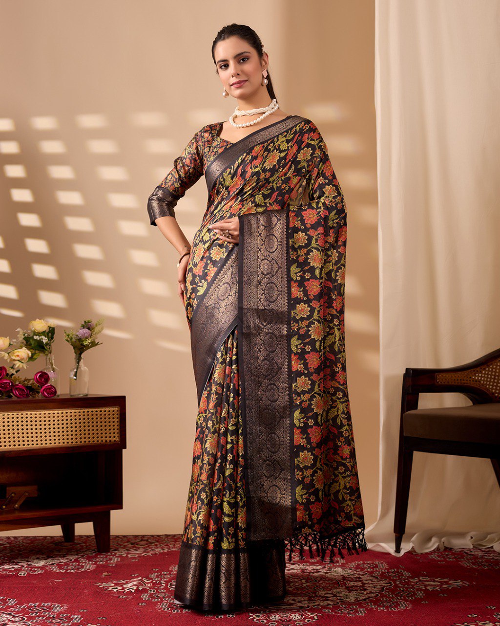 Black Floral Lichi Silk Saree with Zari Border Blouse