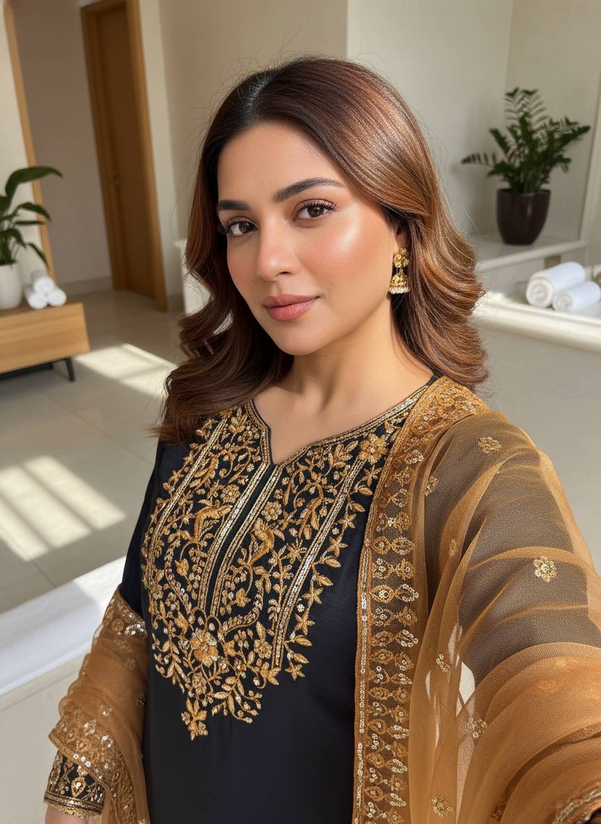 Woman wearing a black and gold embroidered traditional outfit indoors.