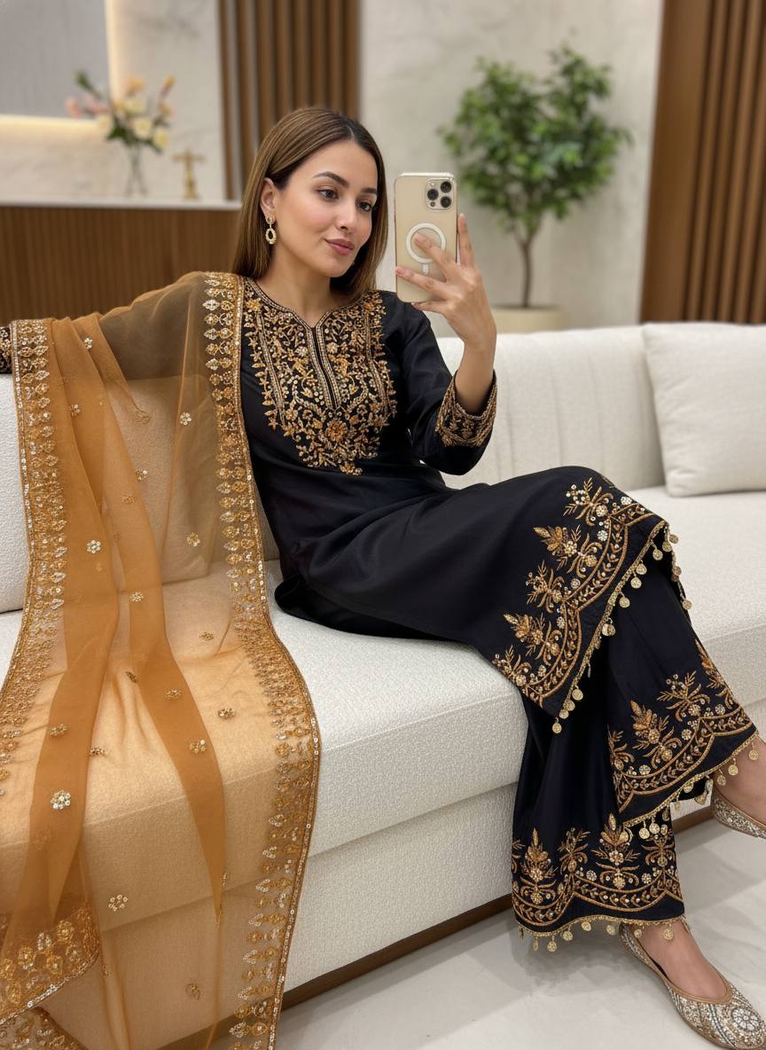 Woman in black and gold embroidered traditional outfit sitting on a white couch.