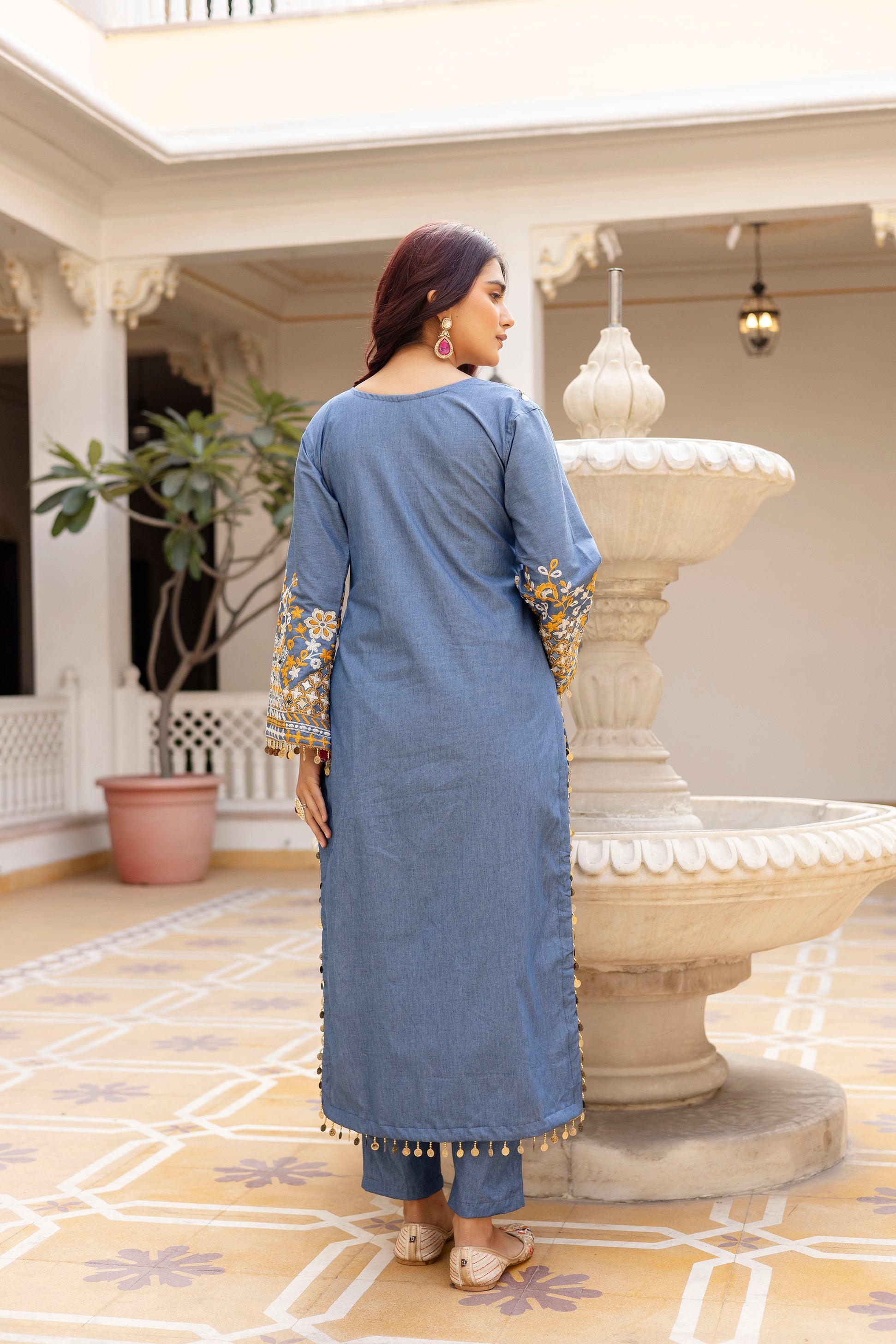 Blue Denim Cotton Kurti Set with Dupatta Embroidered Mirror Work Ethnic Wear
