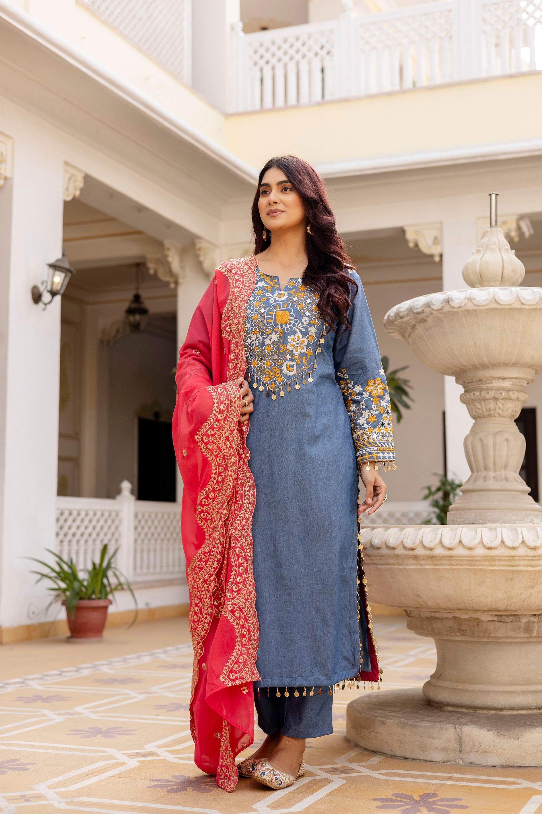 Blue Denim Cotton Kurti Set with Dupatta Embroidered Mirror Work Ethnic Wear