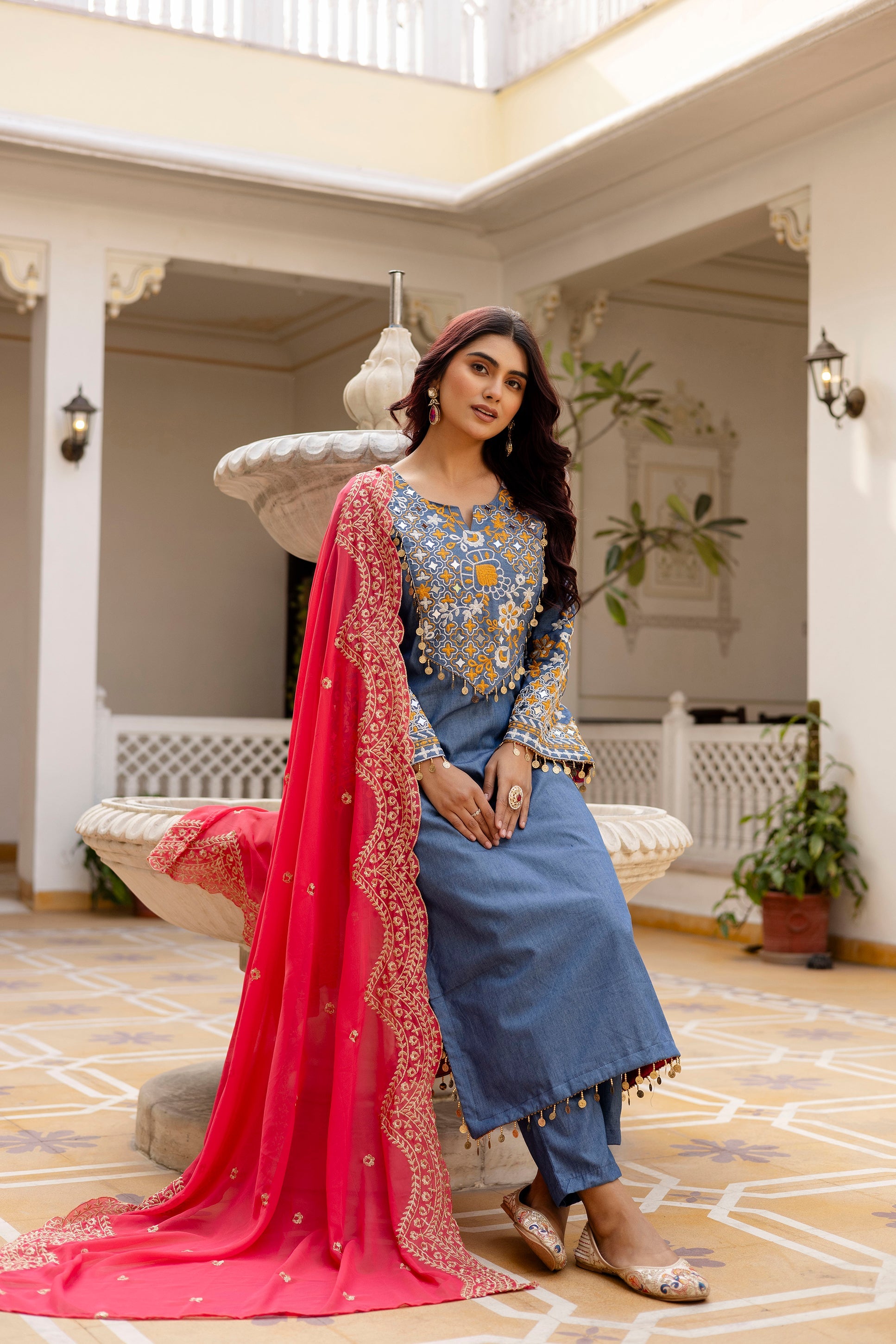 Blue Denim Cotton Kurti Set with Dupatta Embroidered Mirror Work Ethnic Wear