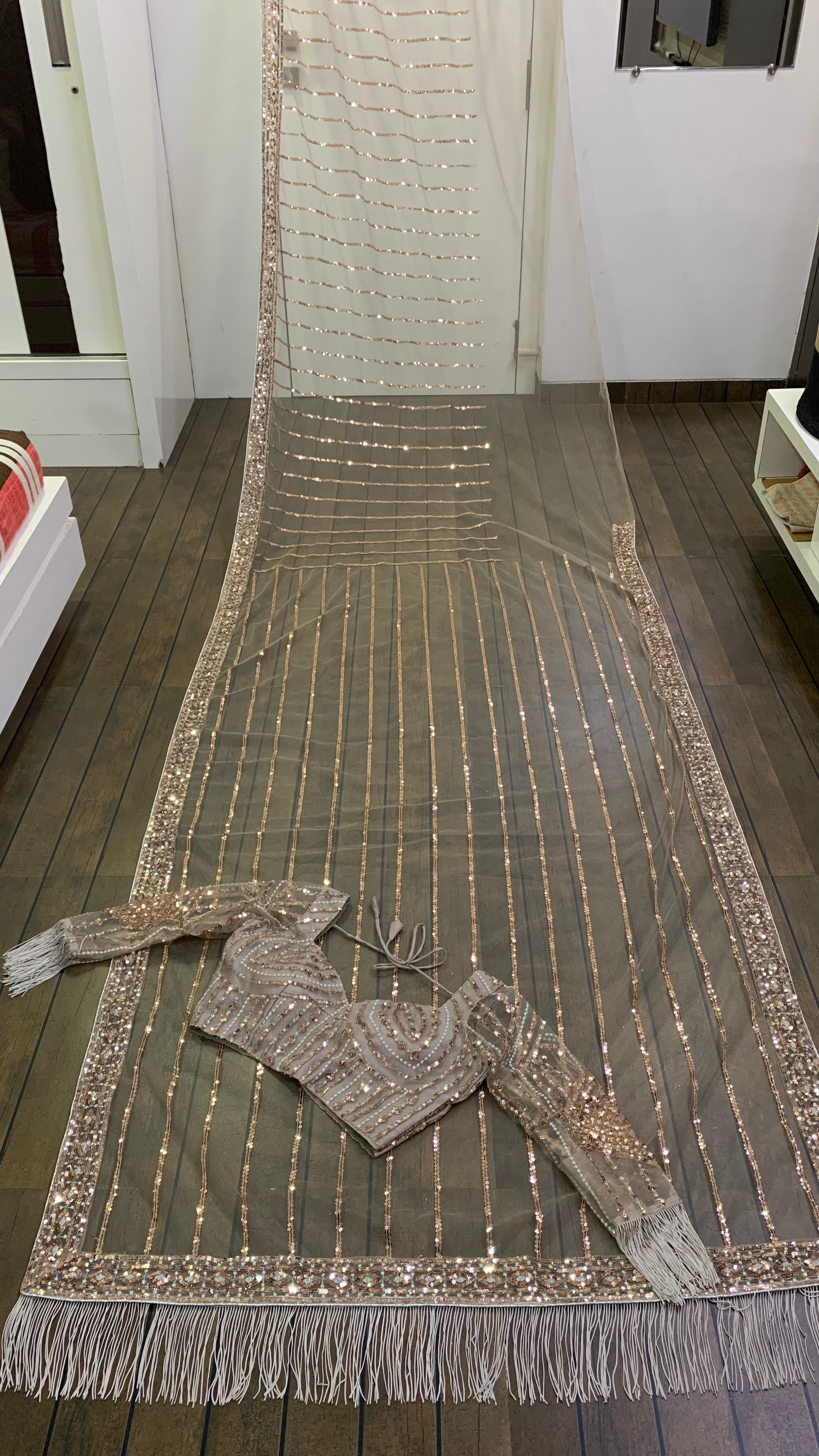 Brown Net Saree with Sequins Zari Work & Blouse