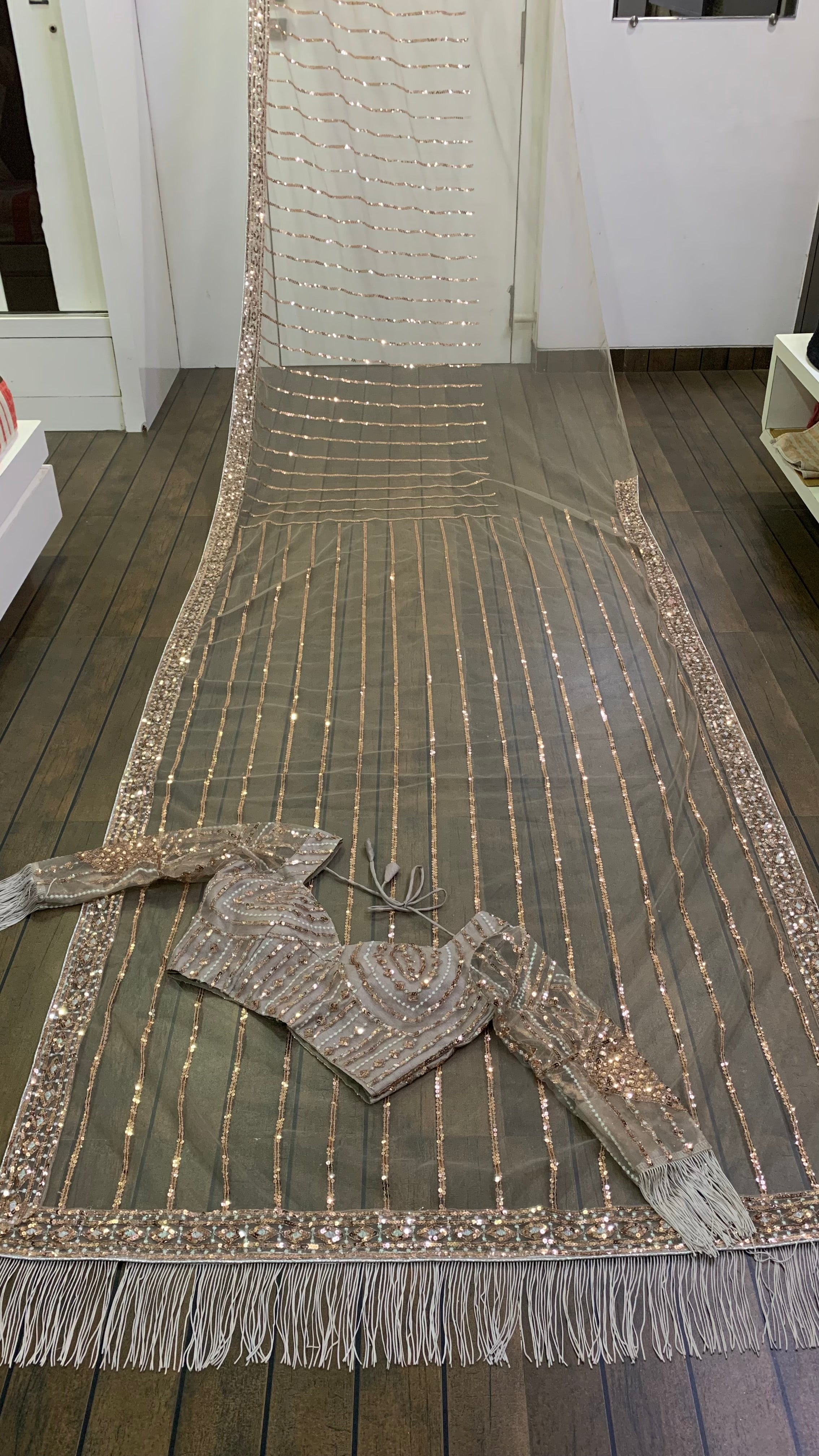 Brown Net Saree with Sequins Zari Work & Blouse