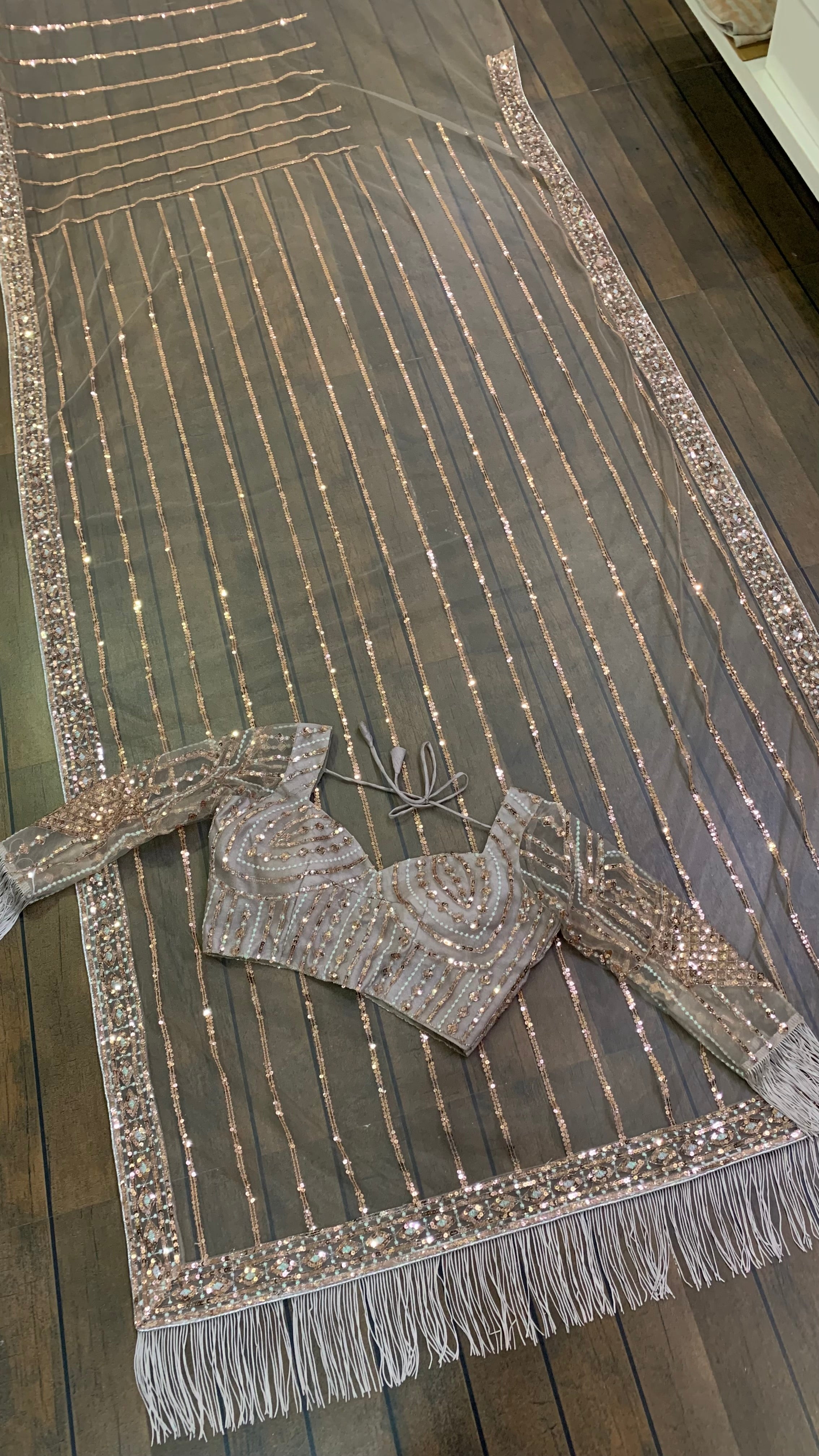 Brown Net Saree with Sequins Zari Work & Blouse