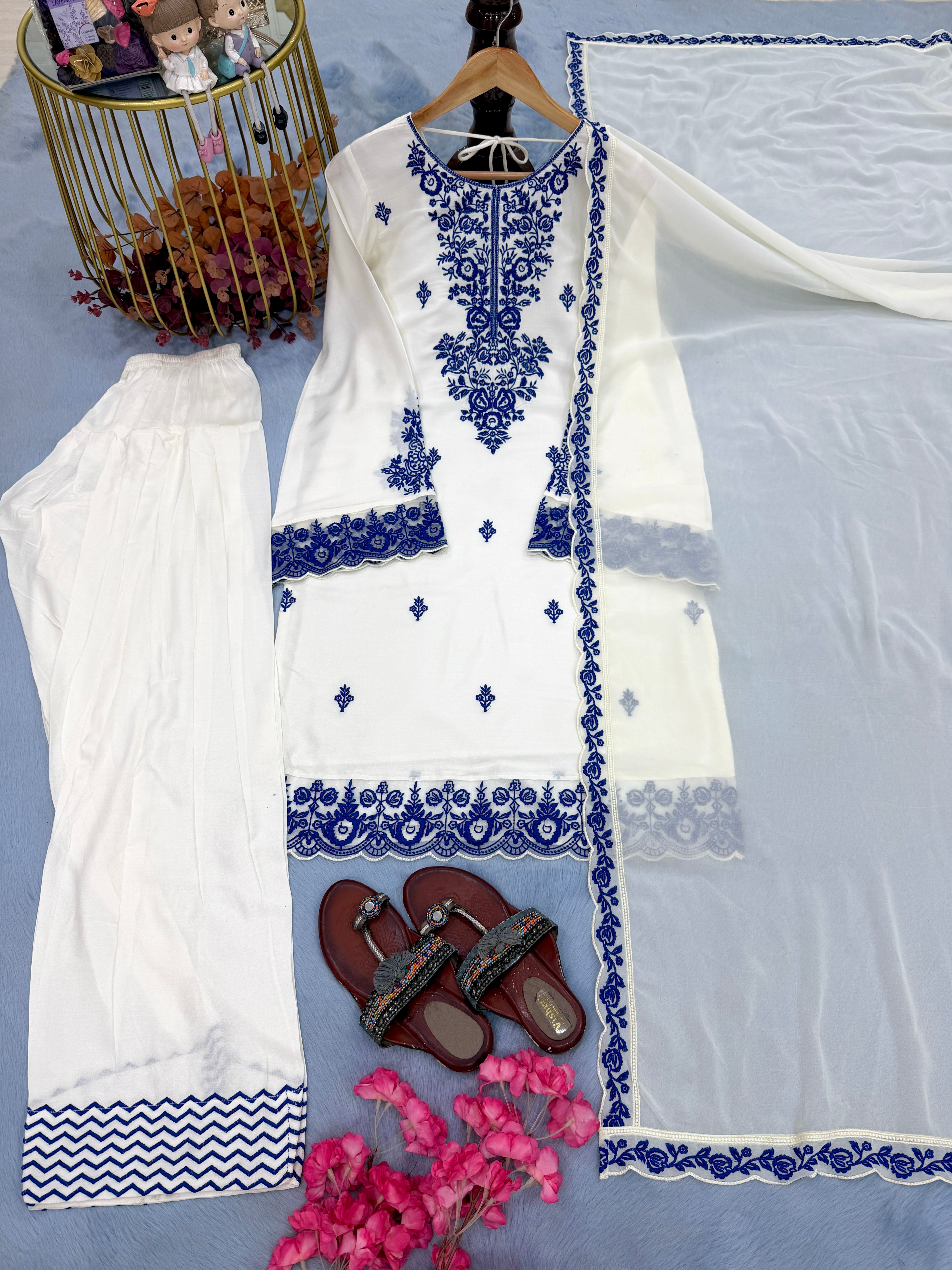 White Rayon Cotton Embroidered Farshi Palazzo Set with Dupatta