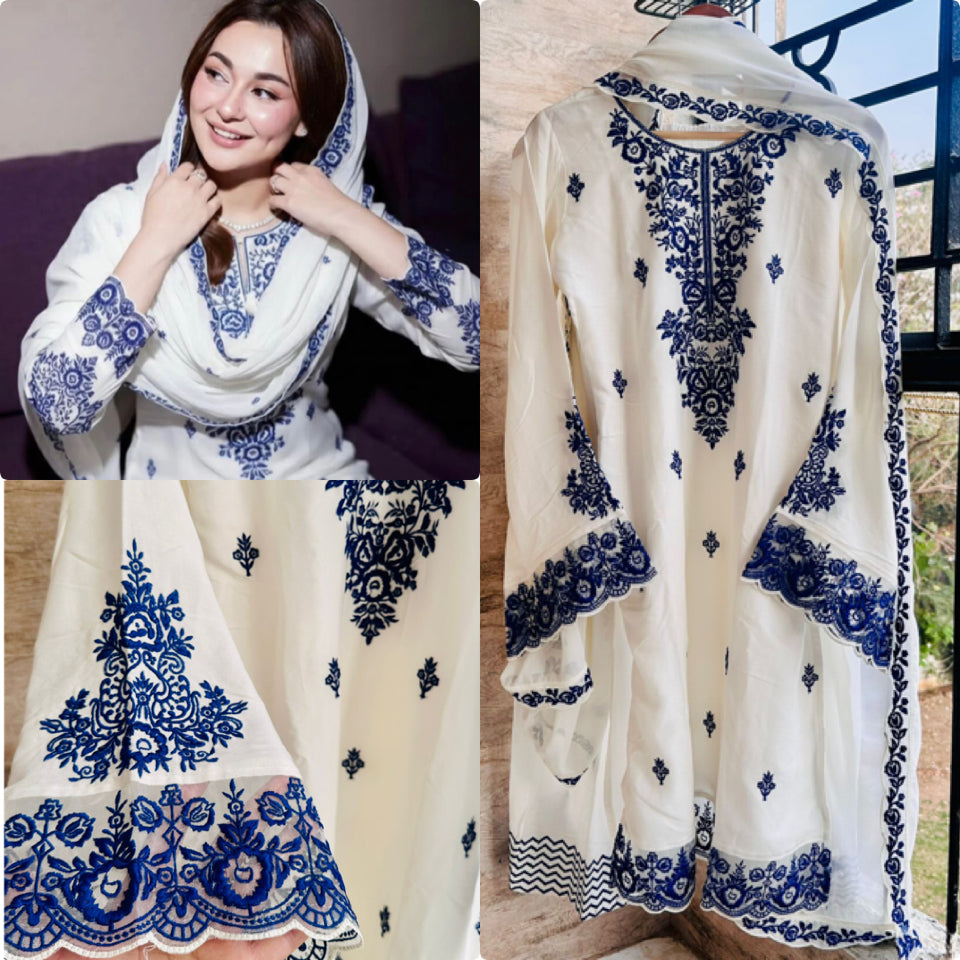 White Rayon Cotton Embroidered Farshi Palazzo Set with Dupatta