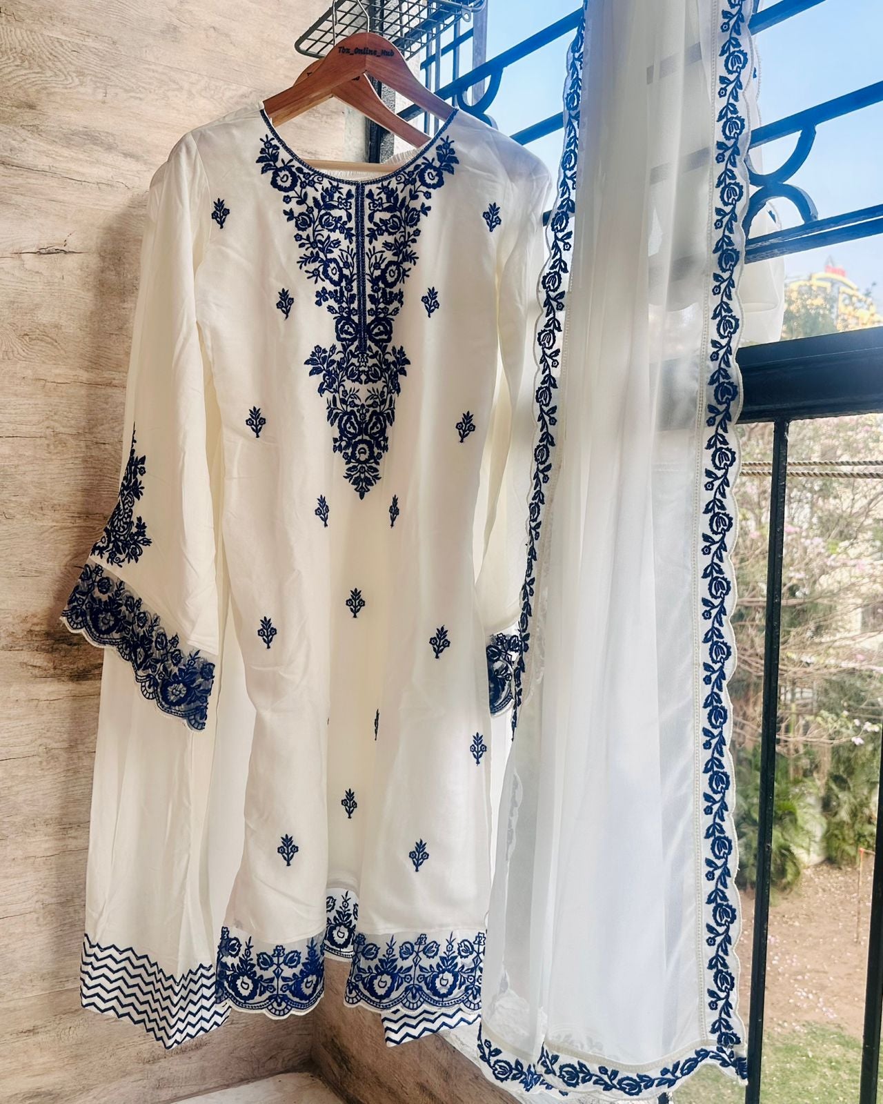 White Rayon Cotton Embroidered Farshi Palazzo Set with Dupatta