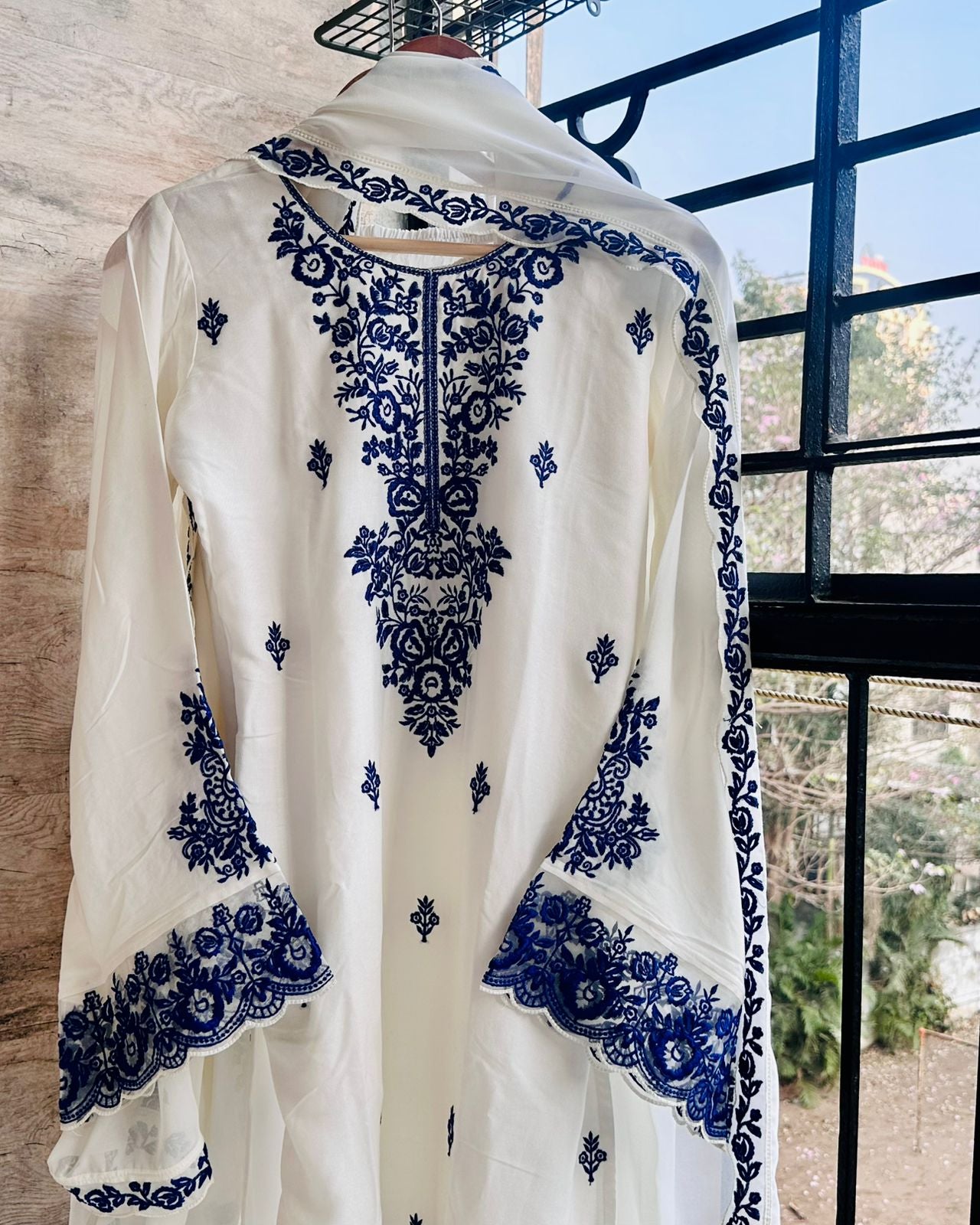 White Rayon Cotton Embroidered Farshi Palazzo Set with Dupatta