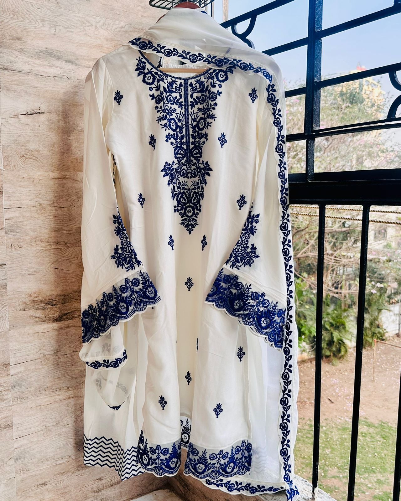 White Rayon Cotton Embroidered Farshi Palazzo Set with Dupatta