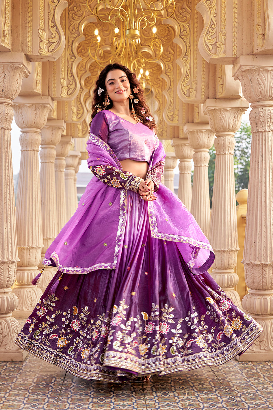 Gold Crush Lehenga Choli Set with Heavy Embroidery Sequins Work Wedding Wear