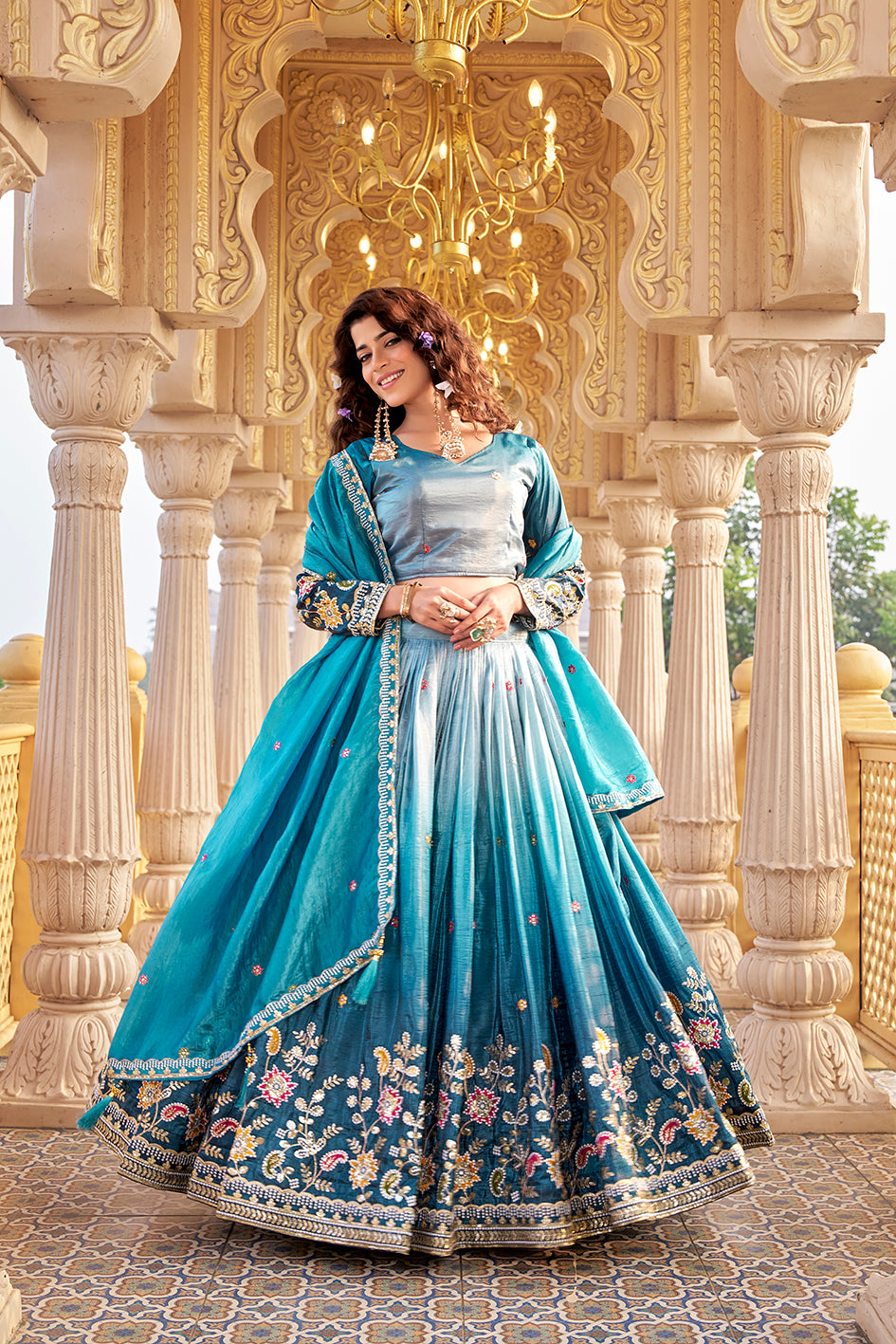 Gold Crush Lehenga Choli Set with Heavy Embroidery Sequins Work Wedding Wear