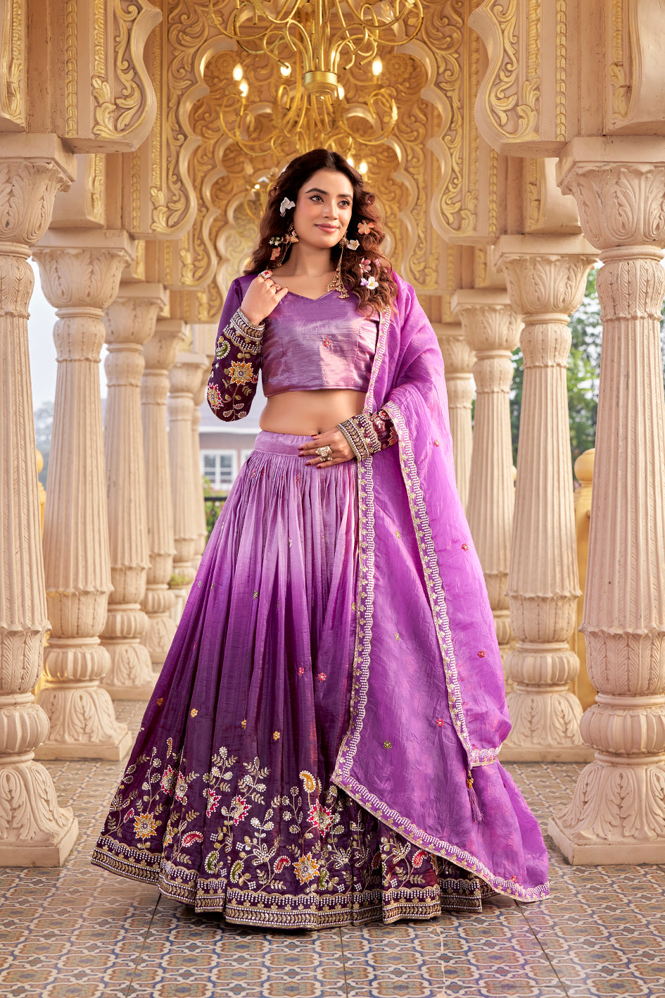 Gold Crush Lehenga Choli Set with Heavy Embroidery Sequins Work Wedding Wear