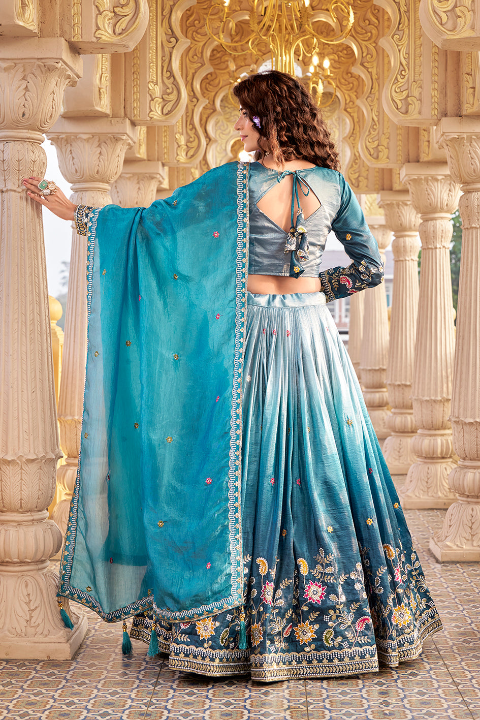 Gold Crush Lehenga Choli Set with Heavy Embroidery Sequins Work Wedding Wear
