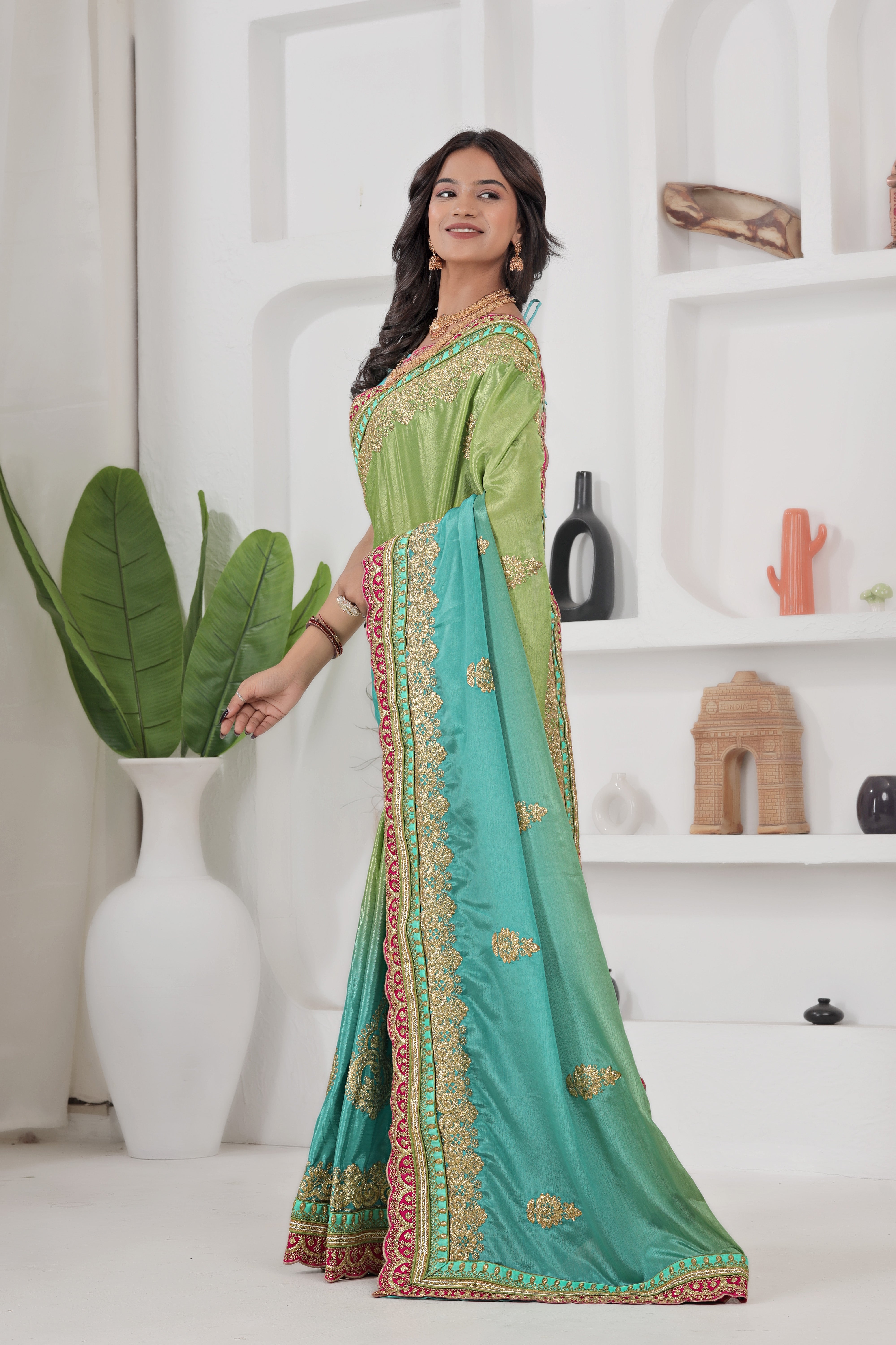 Chinon Silk Embroidered Saree with Banglori Blouse