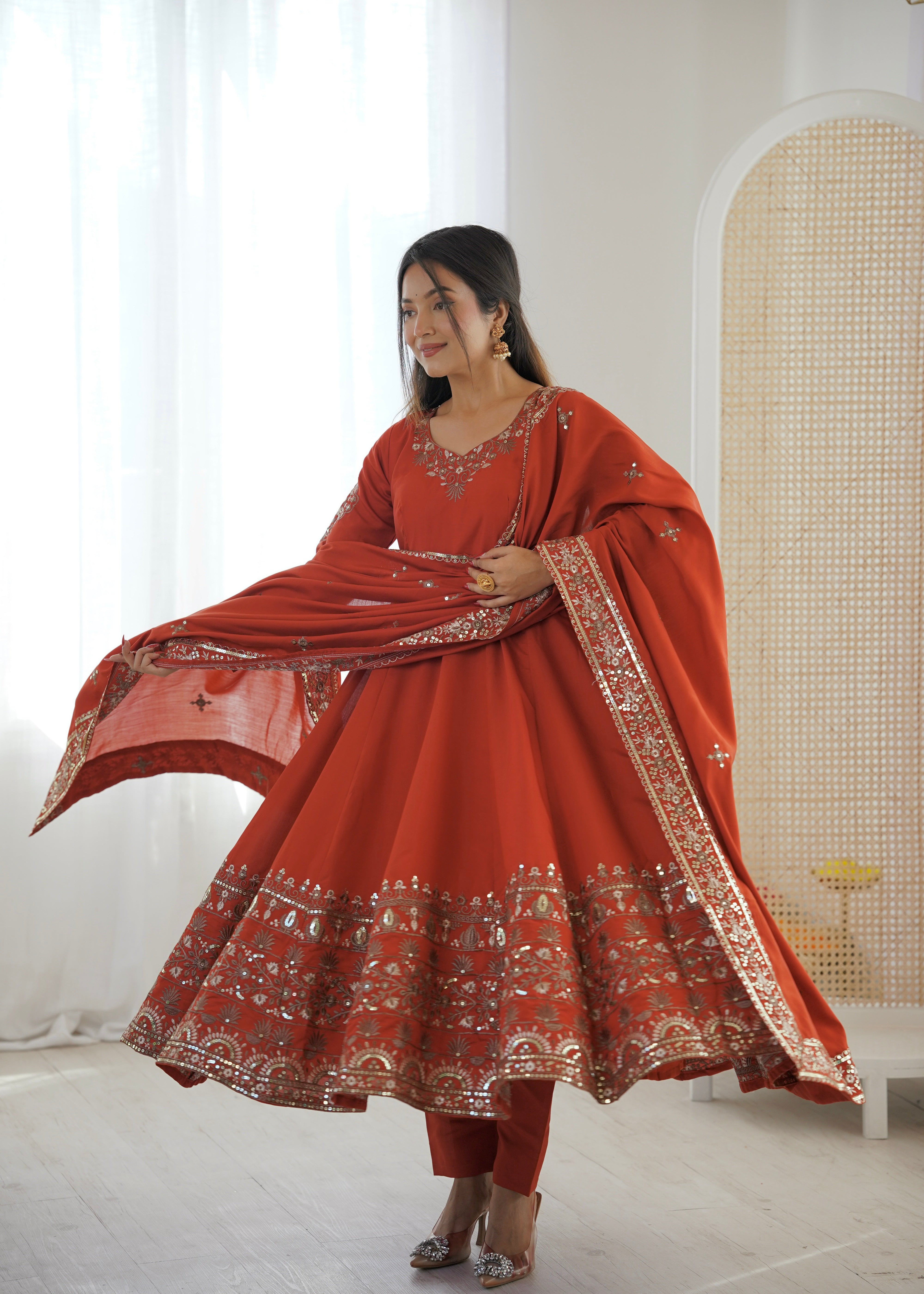 Orange Roman Silk Anarkali Gown Set