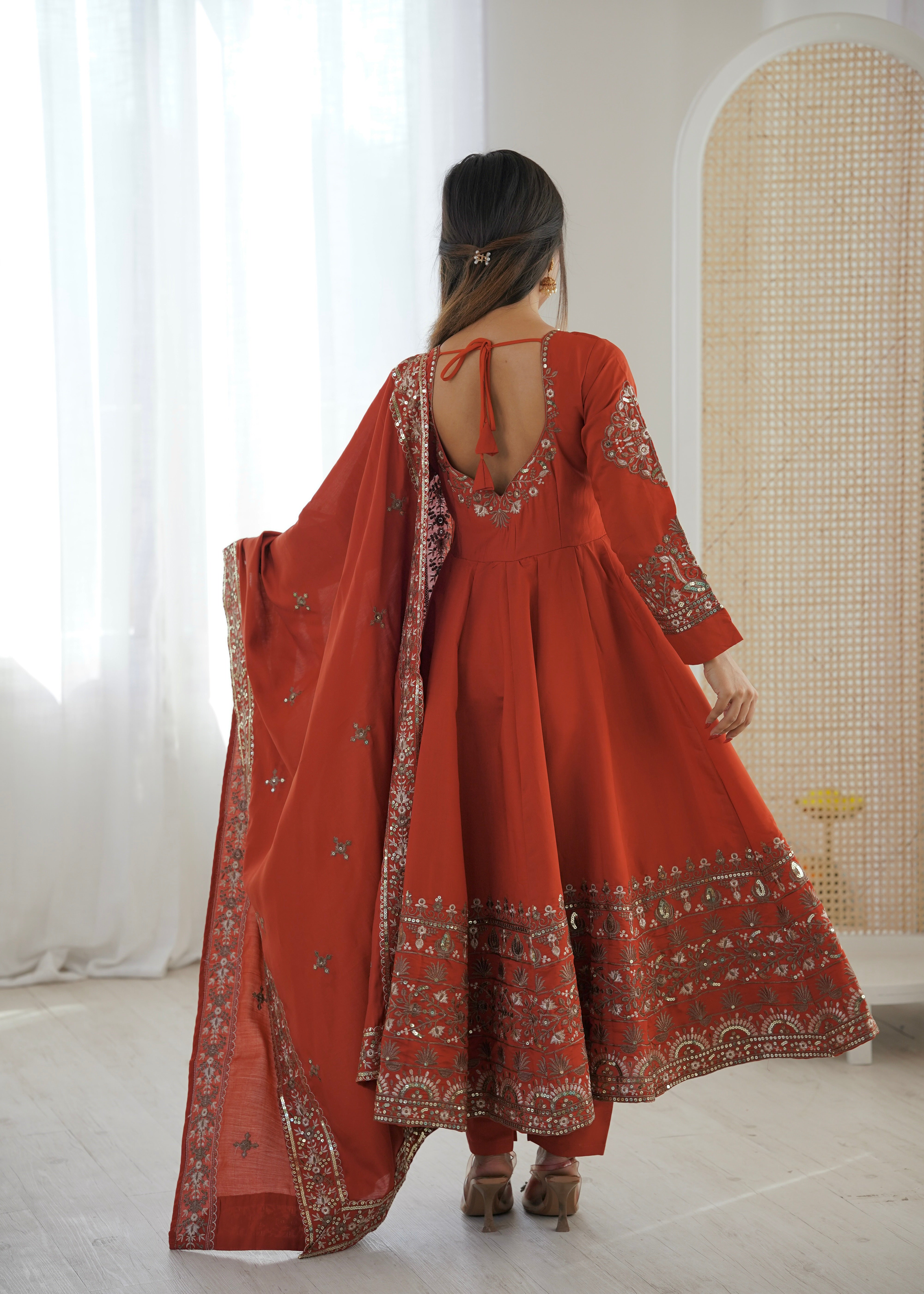 Orange Roman Silk Anarkali Gown Set