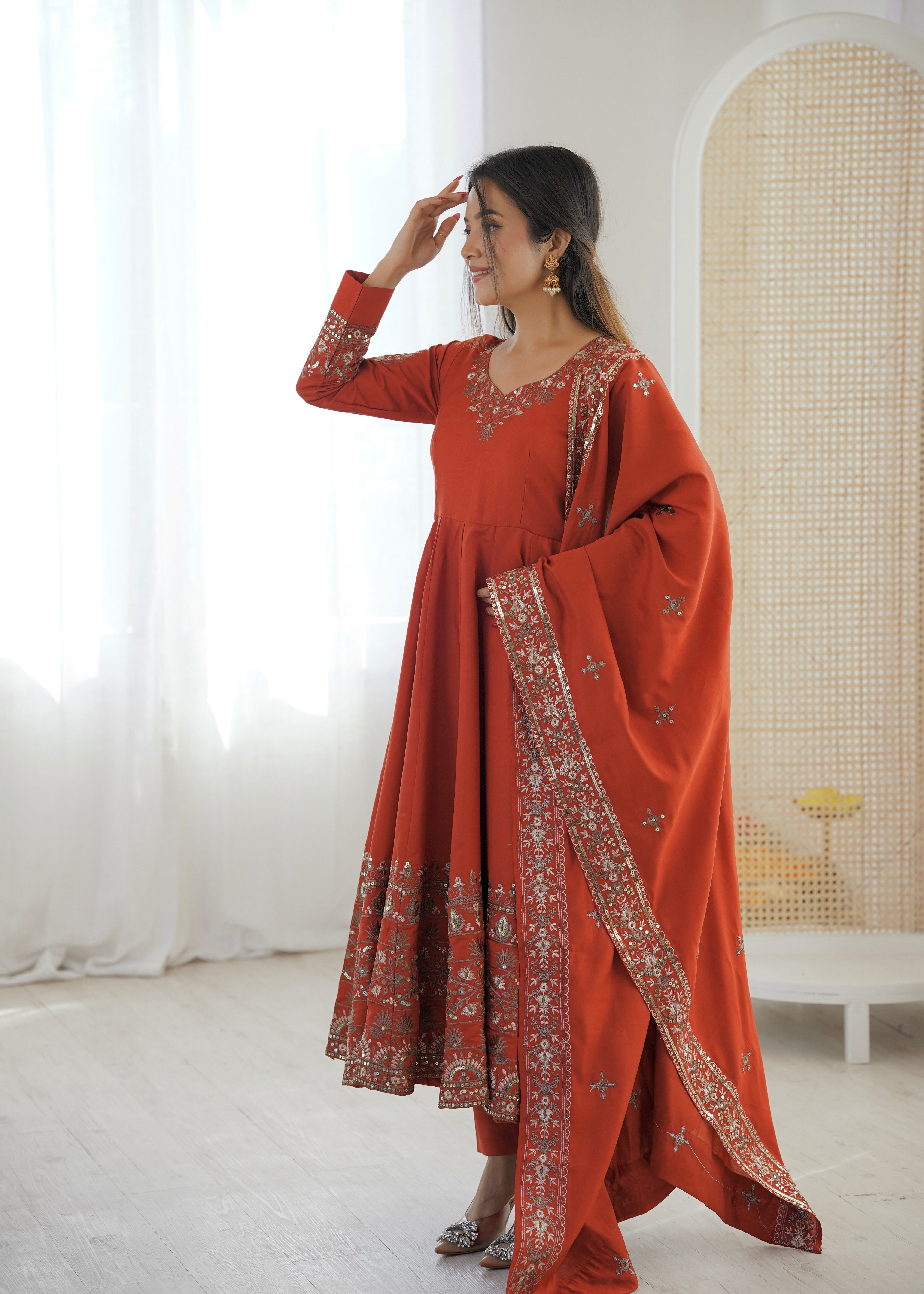 Orange Roman Silk Anarkali Gown Set