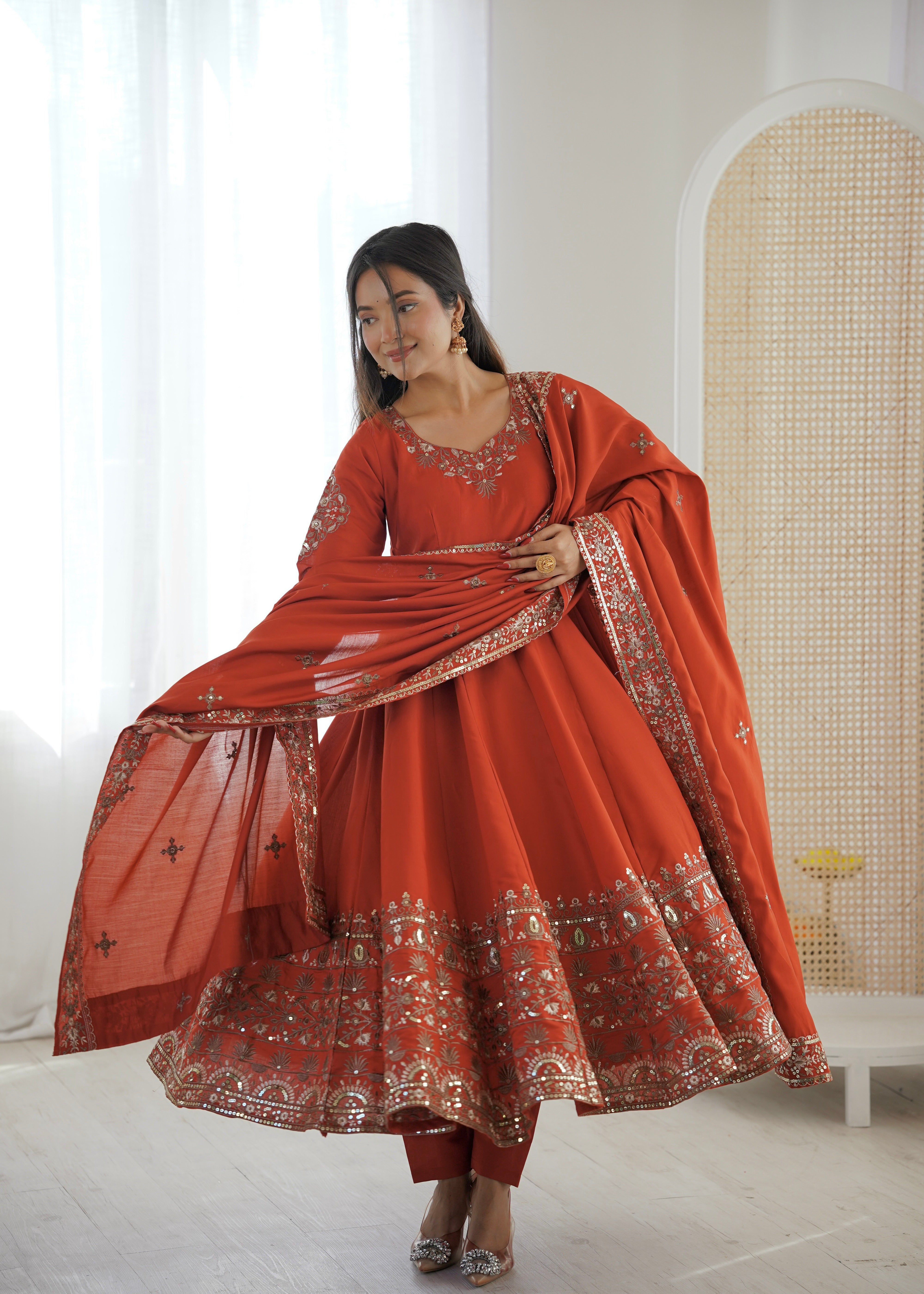 Orange Roman Silk Anarkali Gown Set