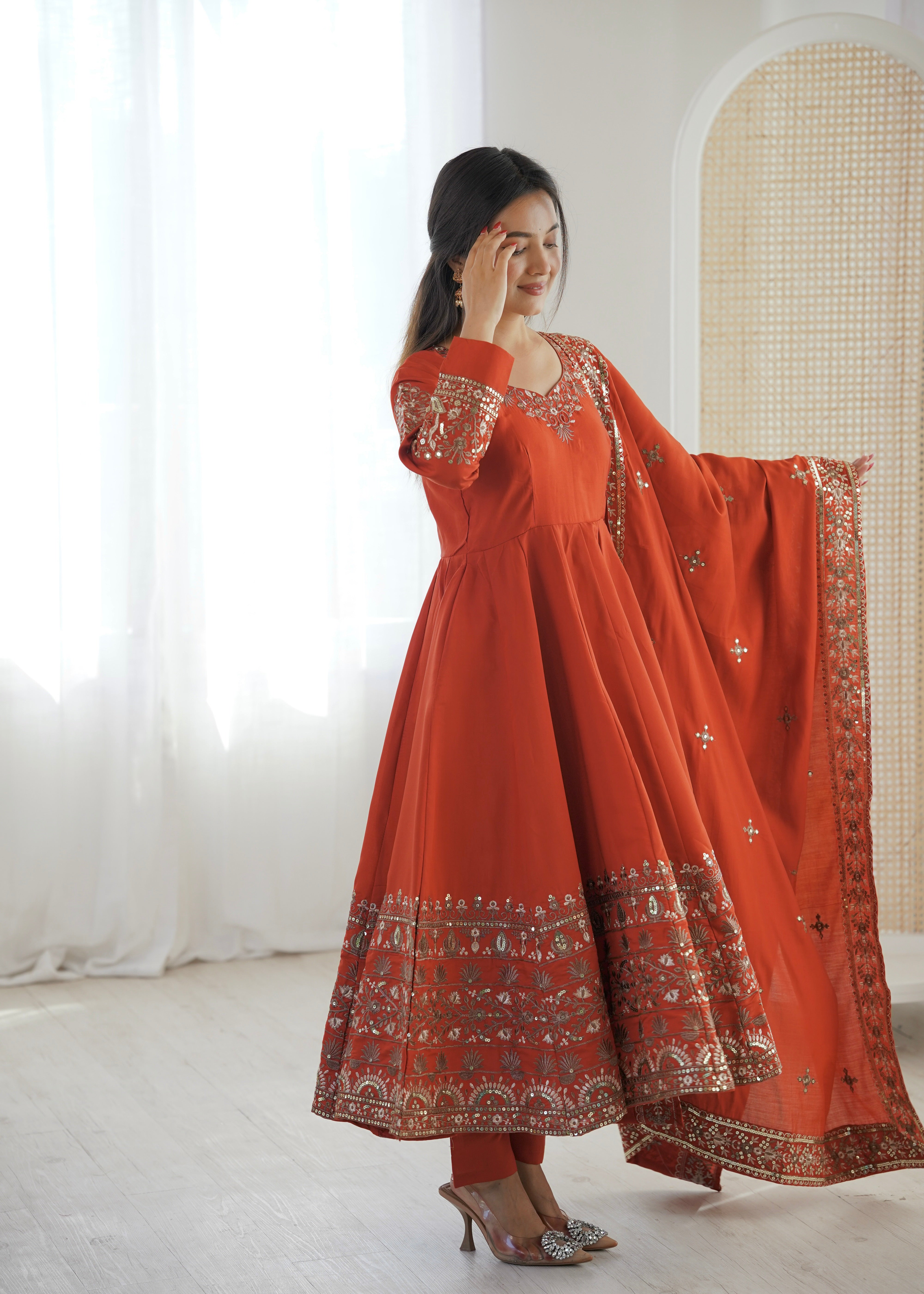 Orange Roman Silk Anarkali Gown Set