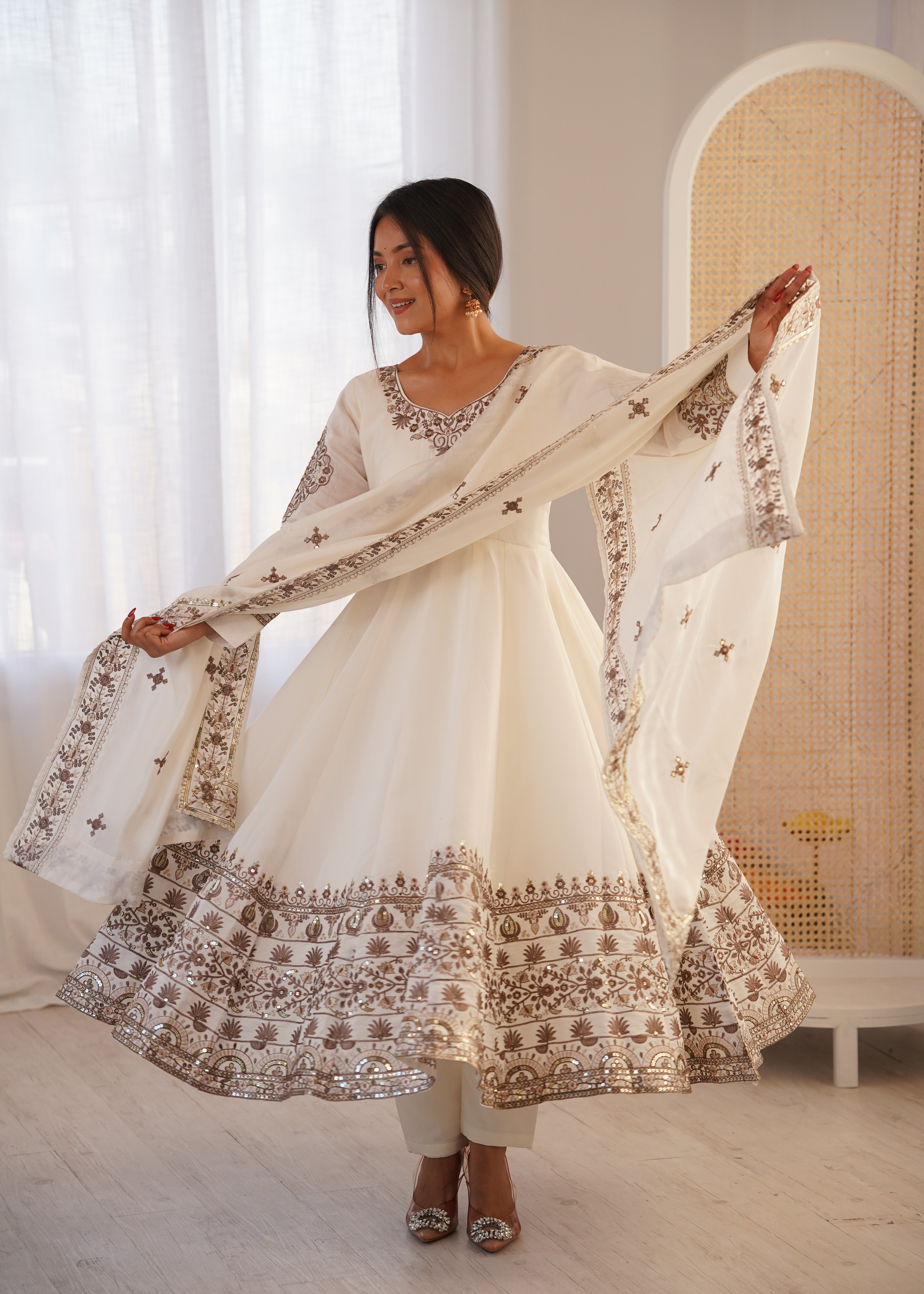 White Roman Silk Anarkali Gown Set