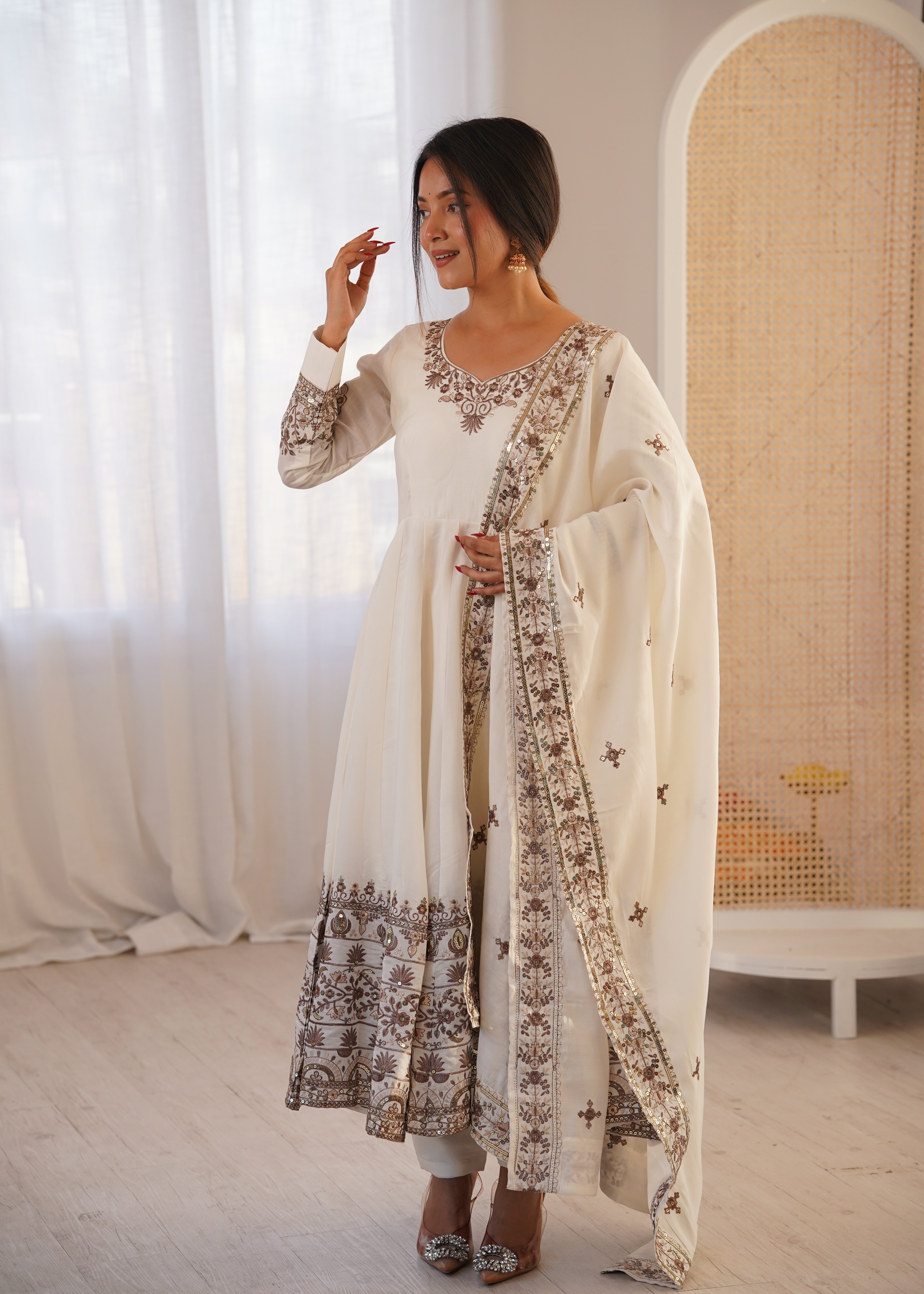 White Roman Silk Anarkali Gown Set