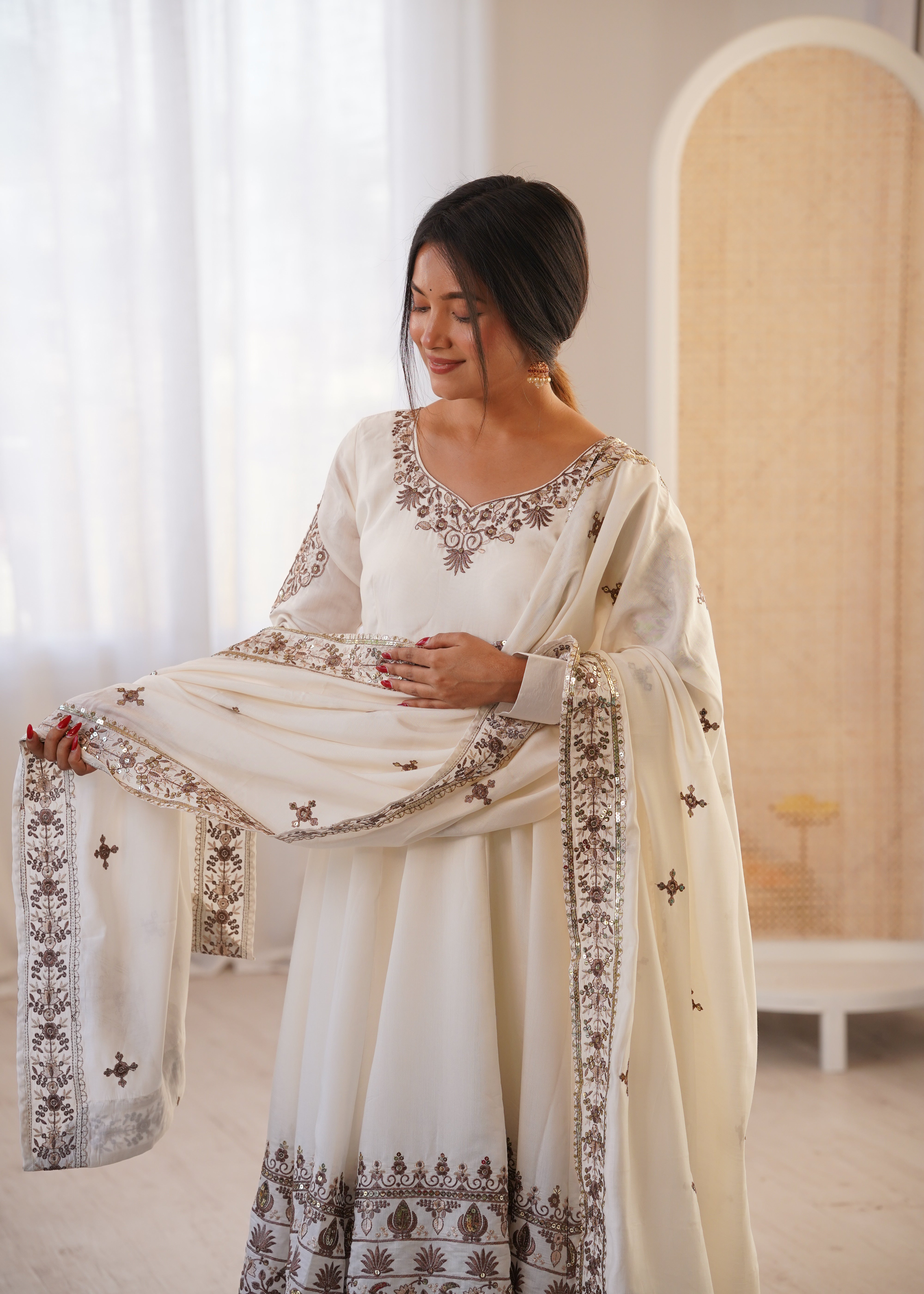 White Roman Silk Anarkali Gown Set
