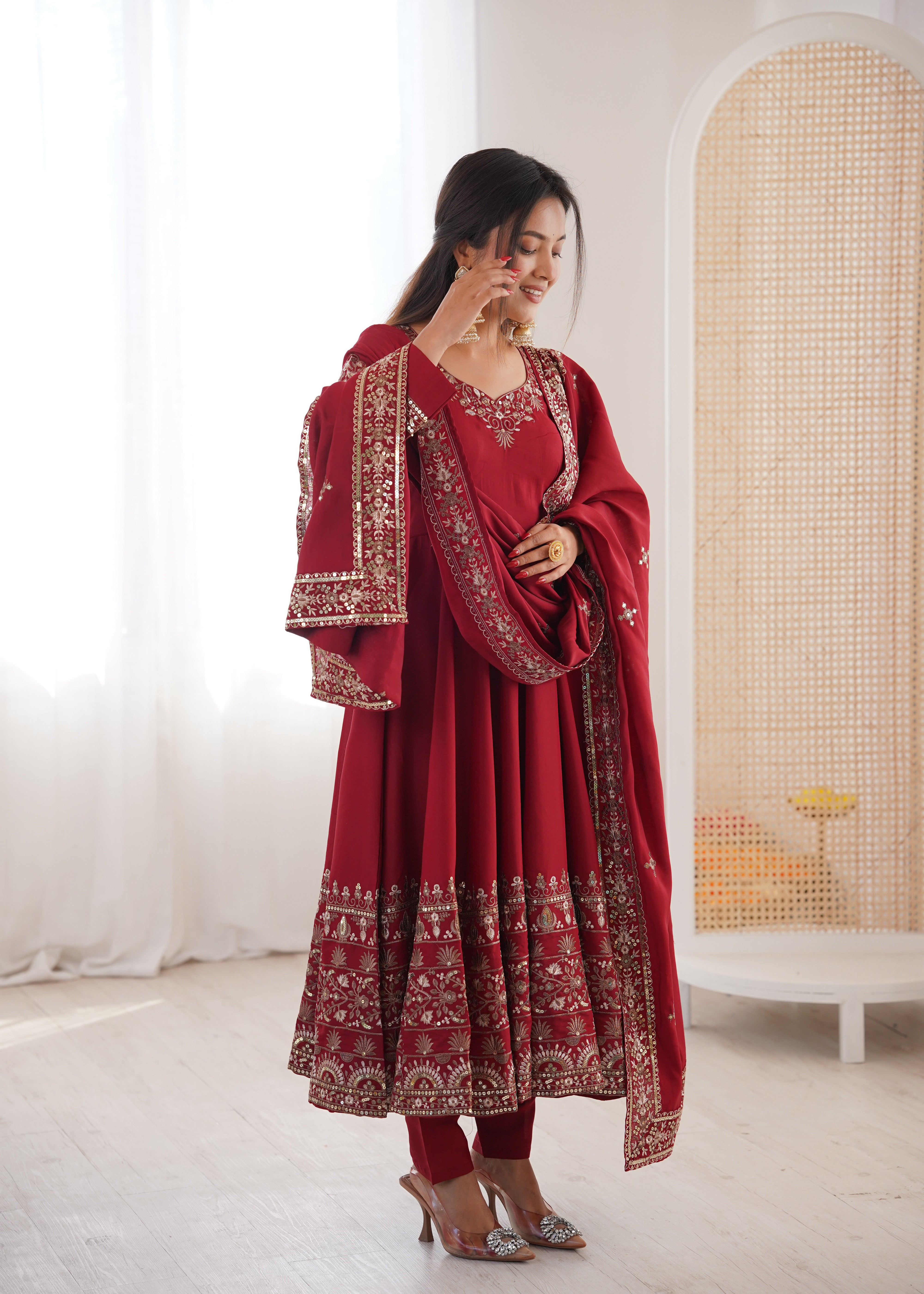 Dark Red Roman Silk Anarkali Gown Set