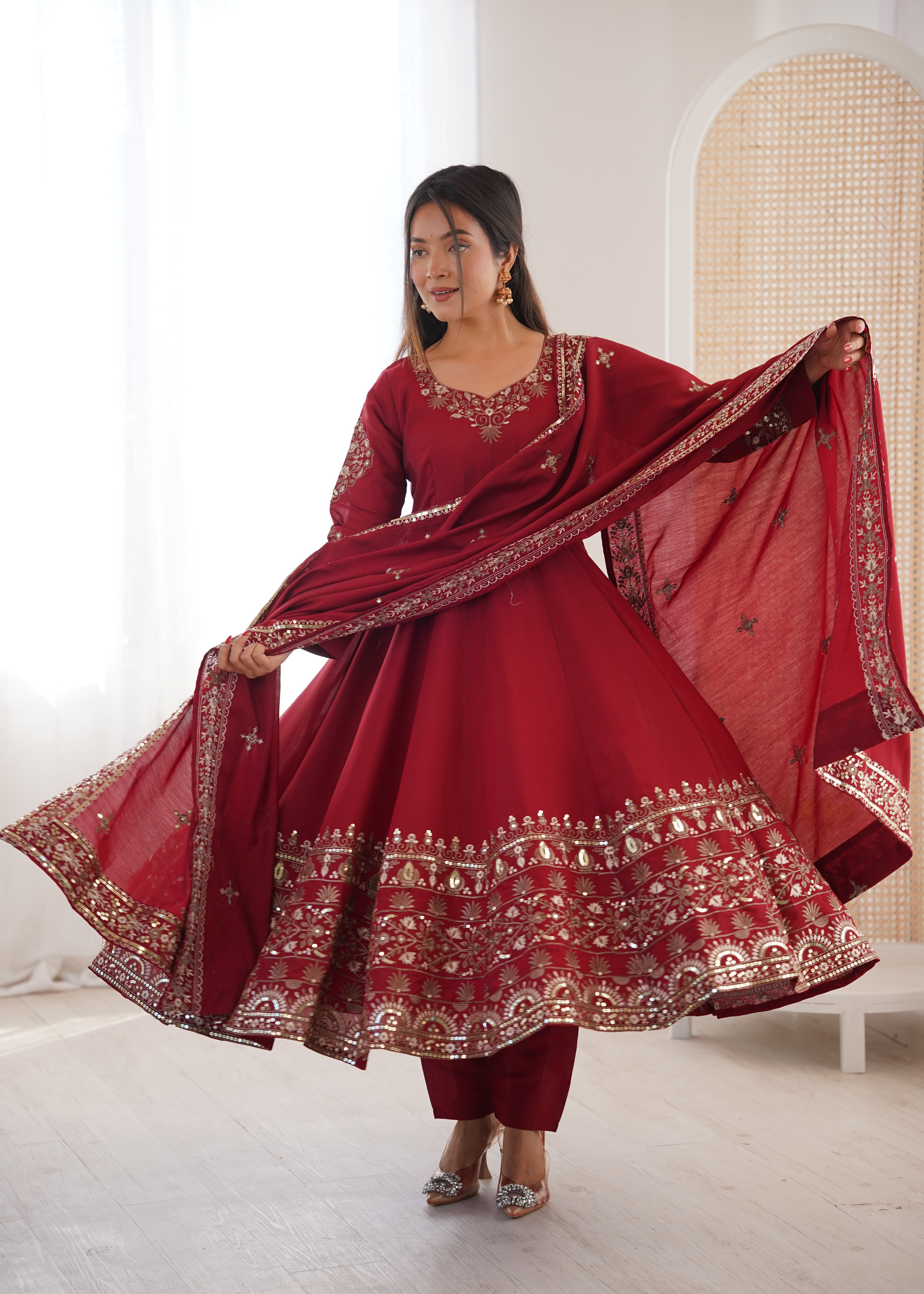 Dark Red Roman Silk Anarkali Gown Set