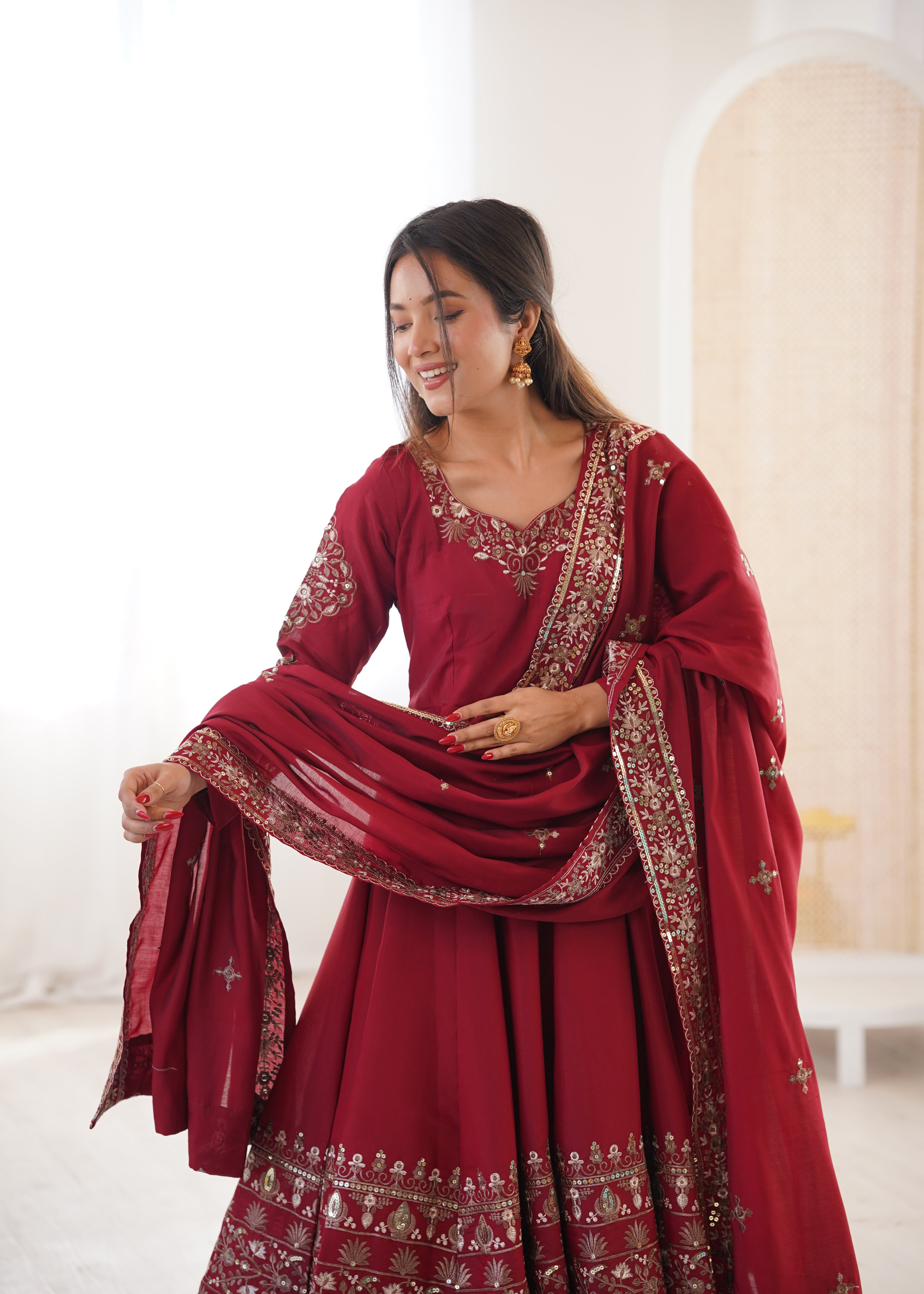 Dark Red Roman Silk Anarkali Gown Set