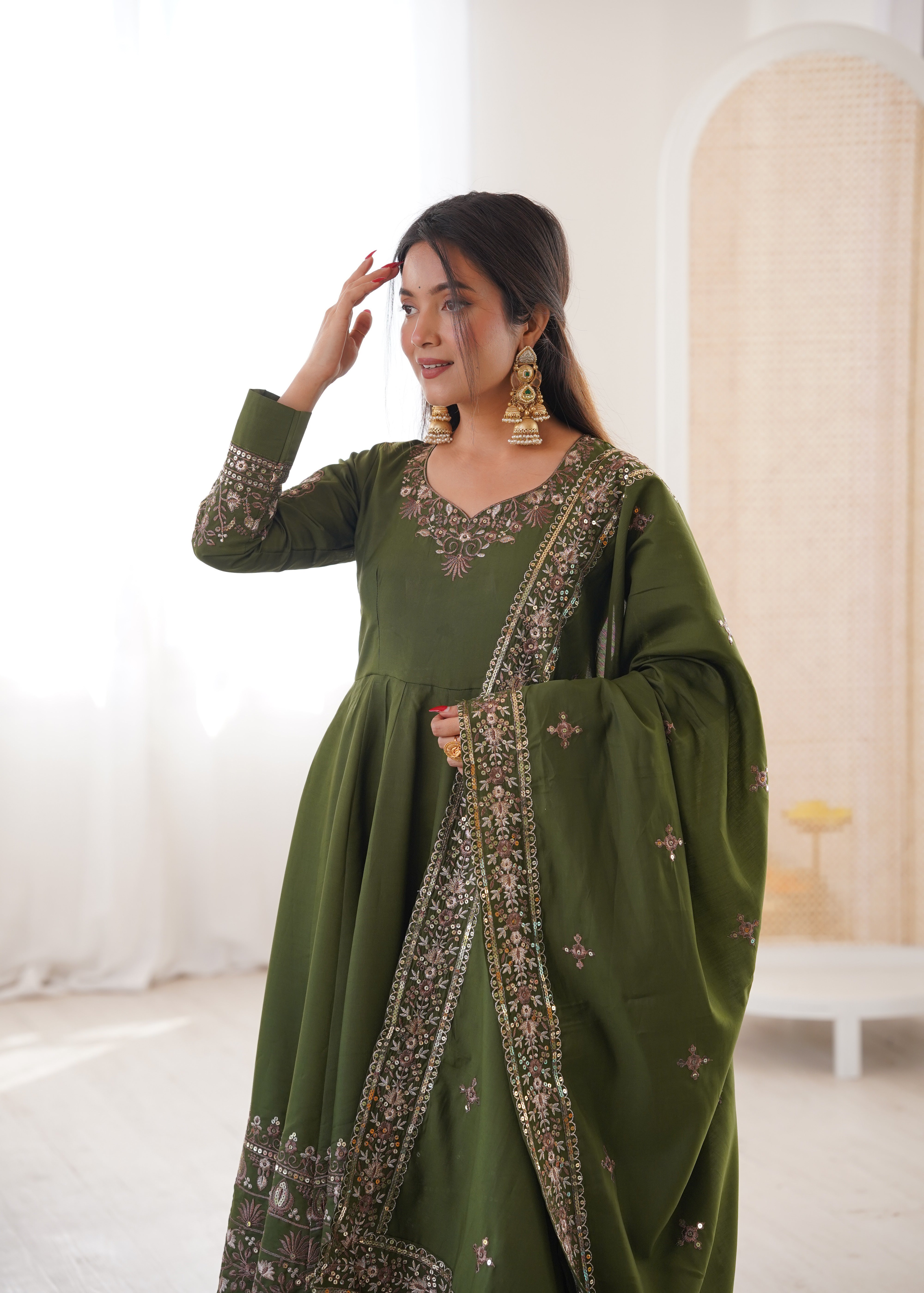 Dark Green Roman Silk Anarkali Gown Set