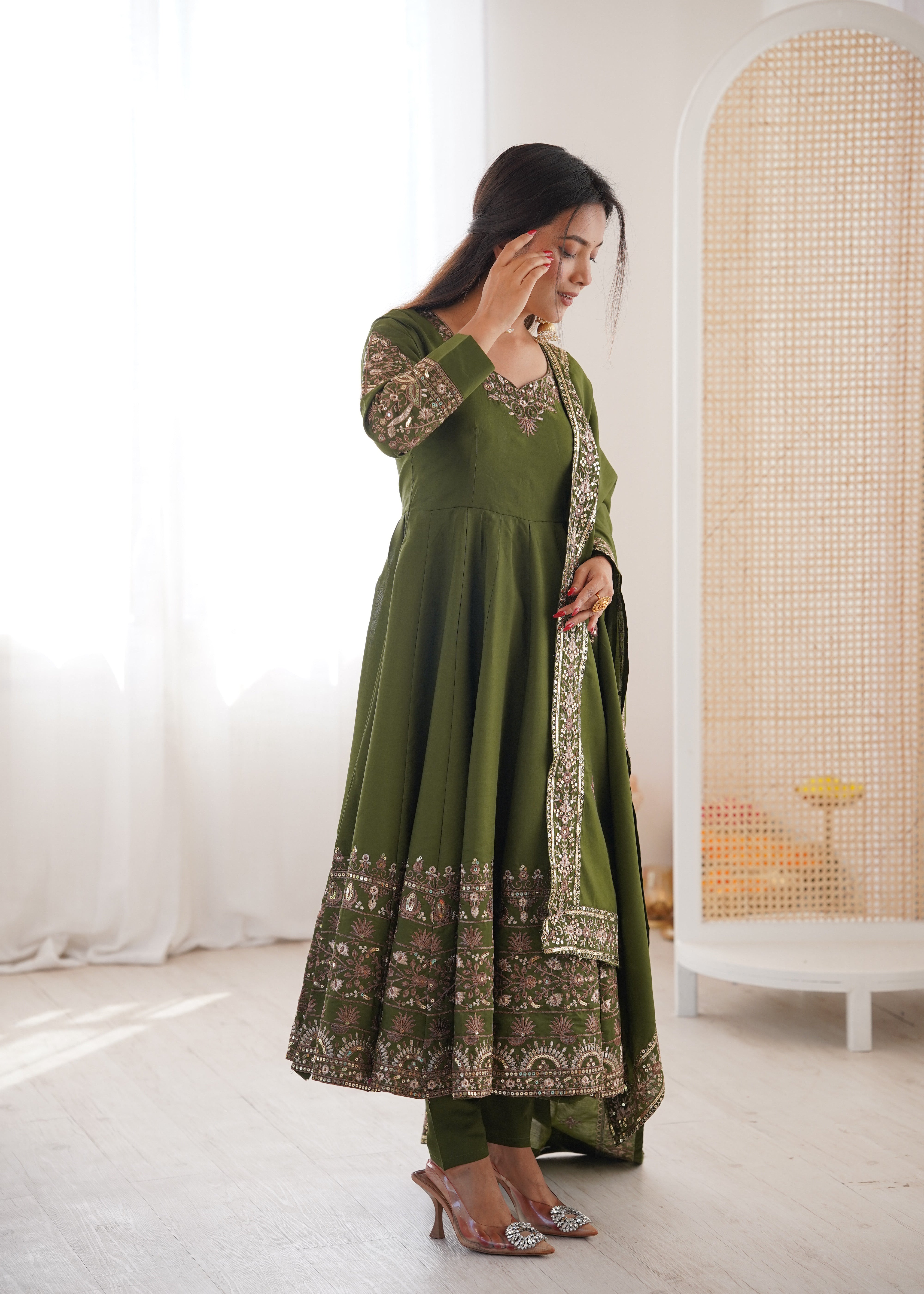 Dark Green Roman Silk Anarkali Gown Set