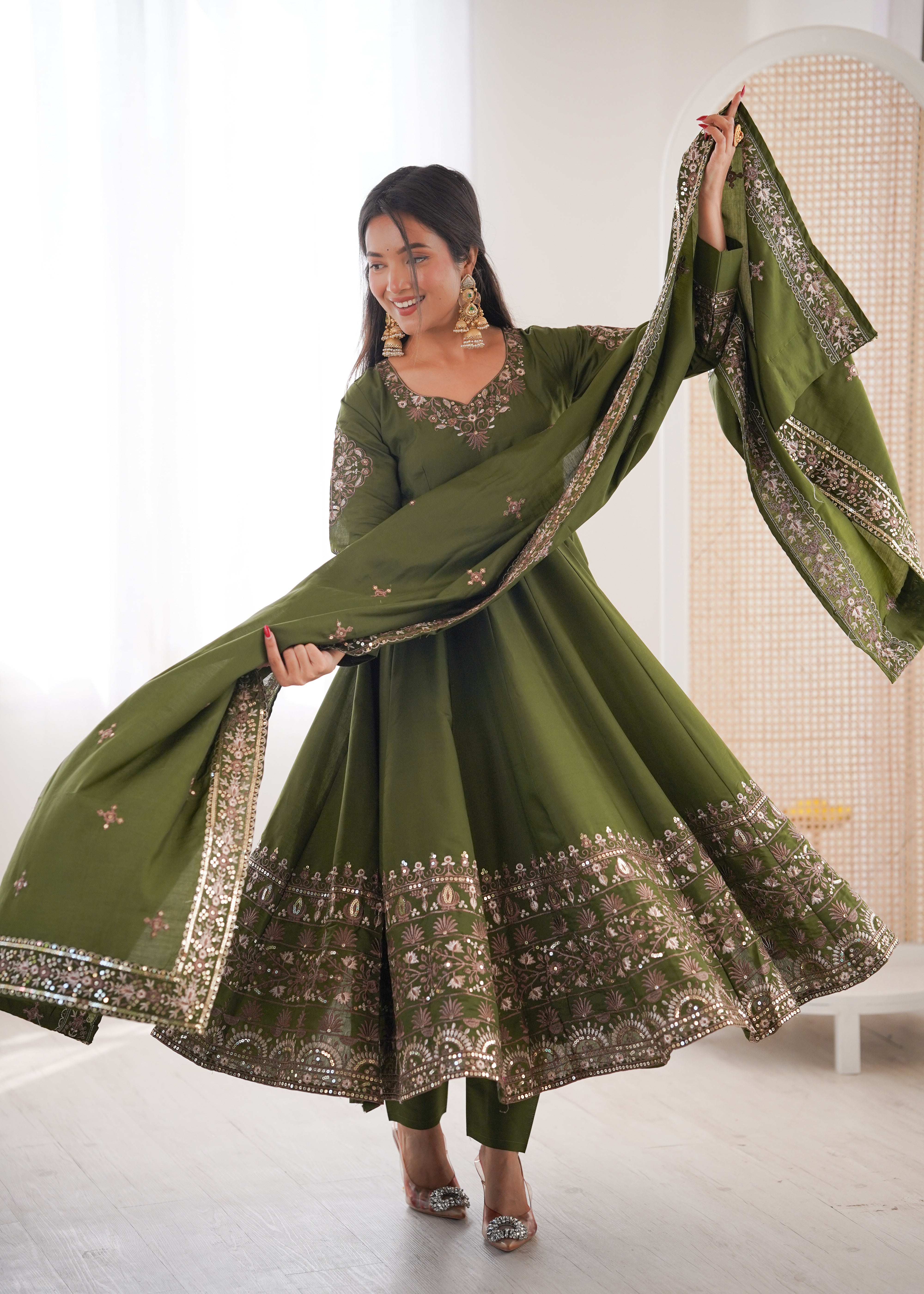 Dark Green Roman Silk Anarkali Gown Set