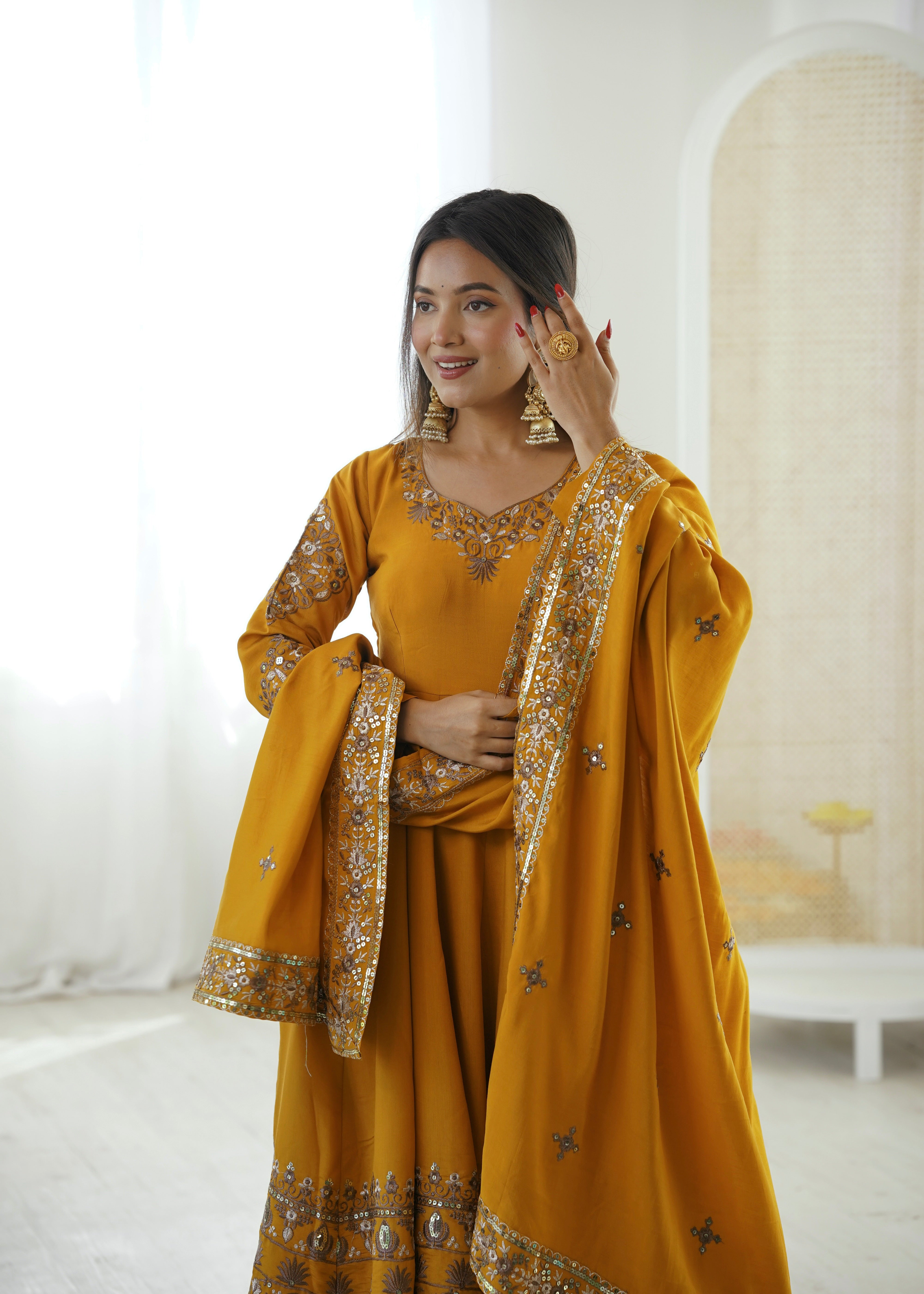 Yellow Roman Silk Anarkali Gown Set