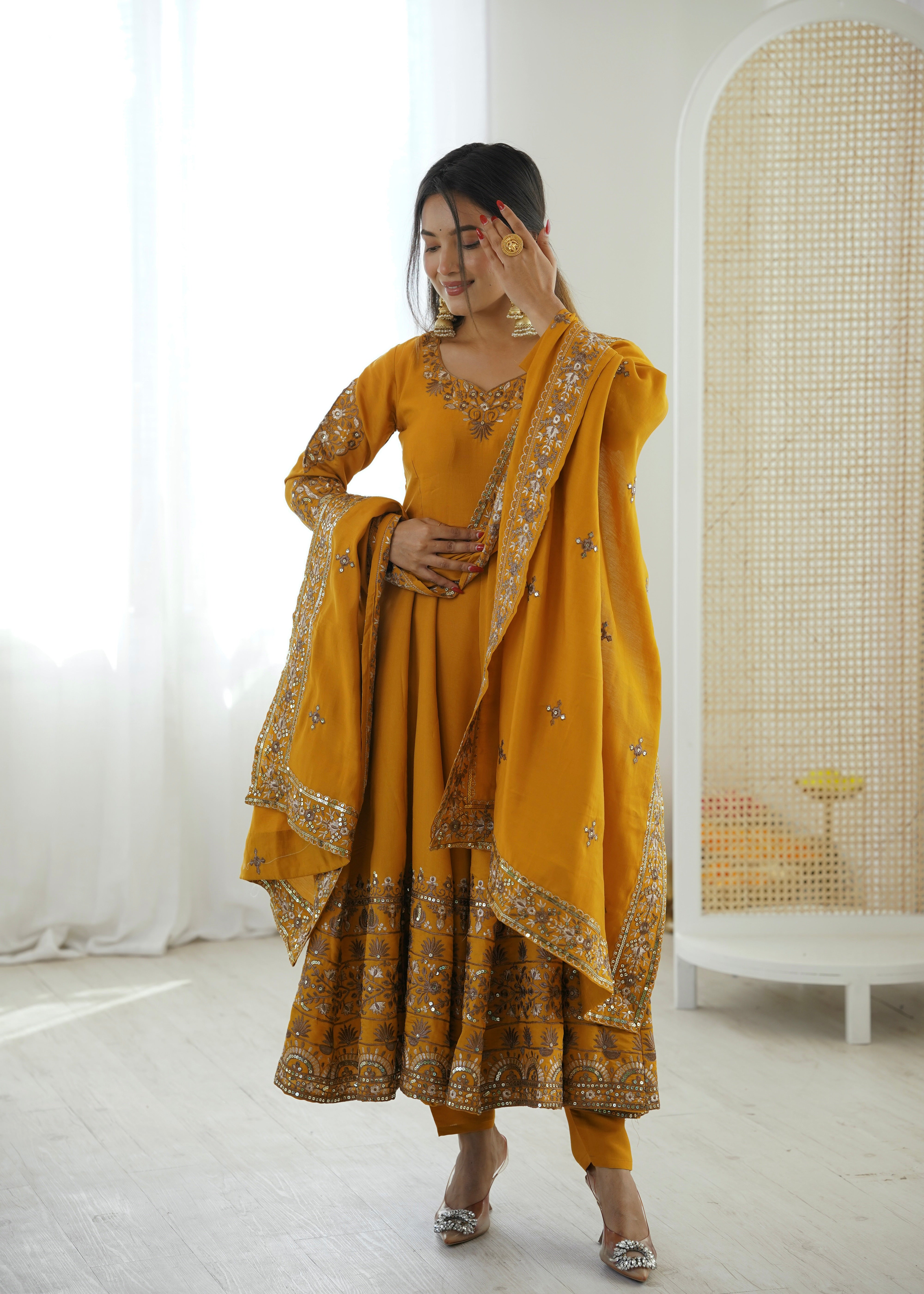Yellow Roman Silk Anarkali Gown Set