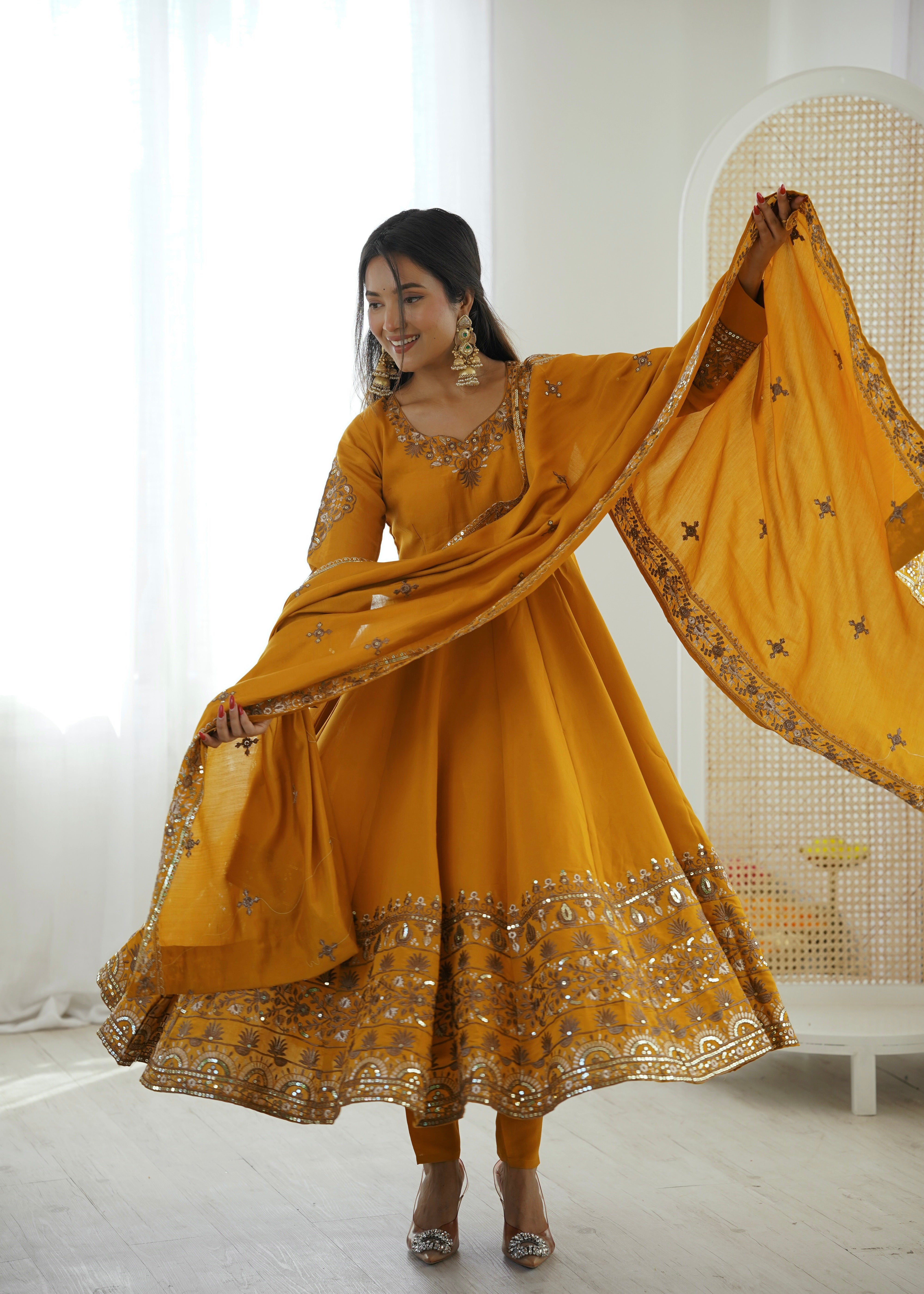 Yellow Roman Silk Anarkali Gown Set