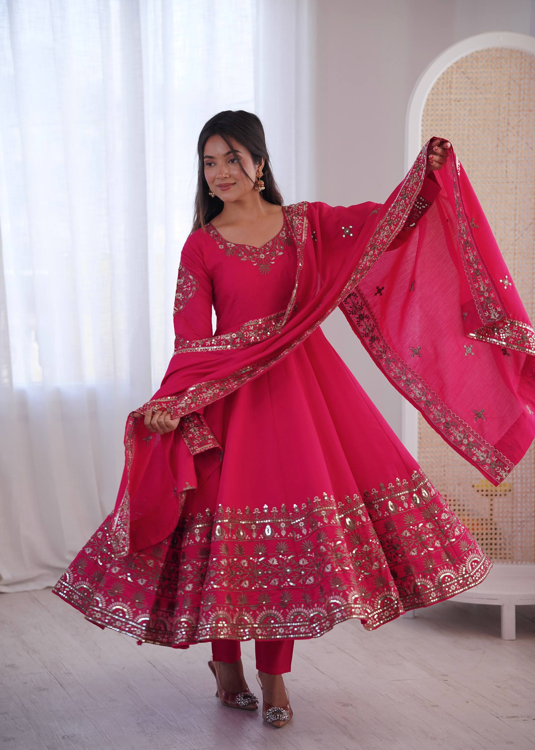 Pink Roman Silk Anarkali Gown Set
